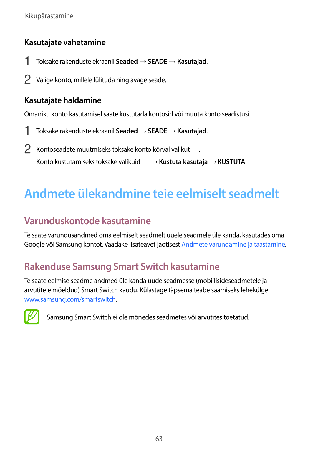 Samsung SM-T705NTSASEB manual Varunduskontode kasutamine, Rakenduse Samsung Smart Switch kasutamine, Kasutajate vahetamine 