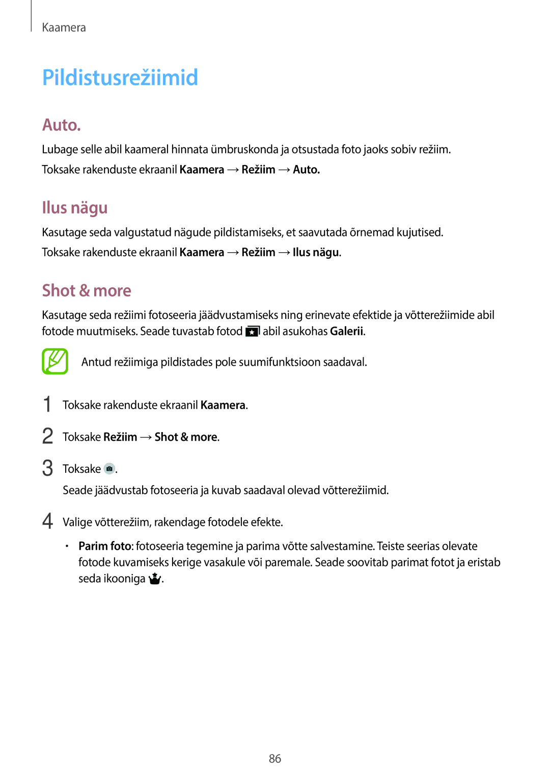 Samsung SM-T705NZWASEB, SM-T705NTSASEB manual Pildistusrežiimid, Auto, Ilus nägu, Toksake Režiim →Shot & more 