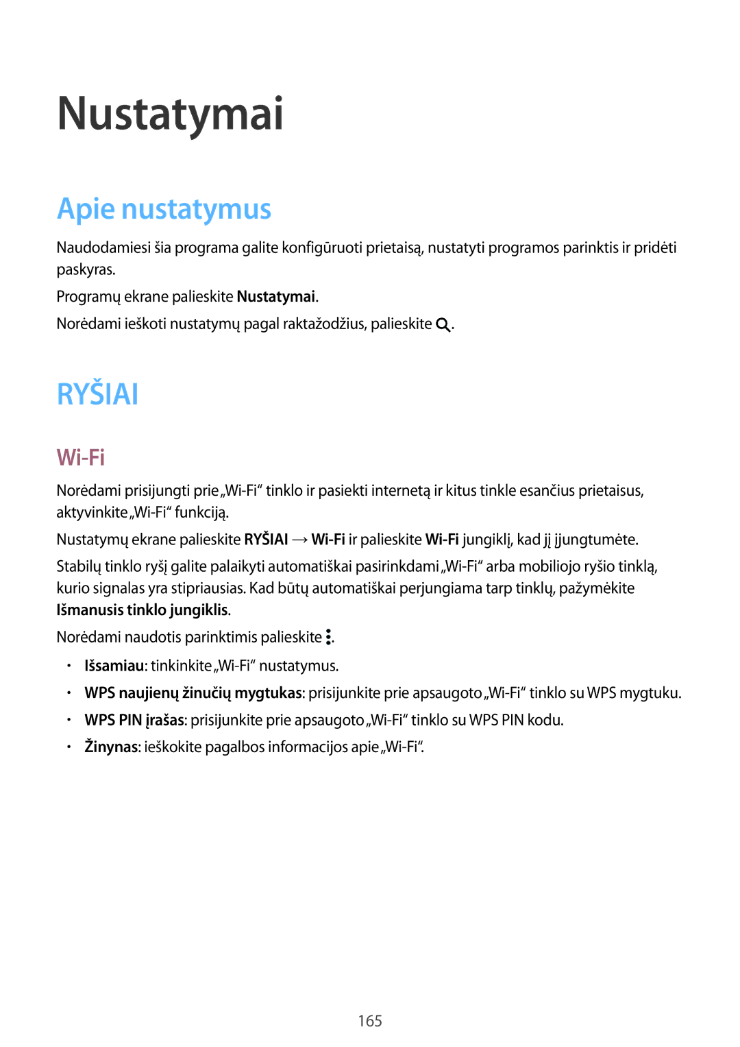 Samsung SM-T705NTSASEB, SM-T705NZWASEB manual Nustatymai, Apie nustatymus, Wi-Fi 