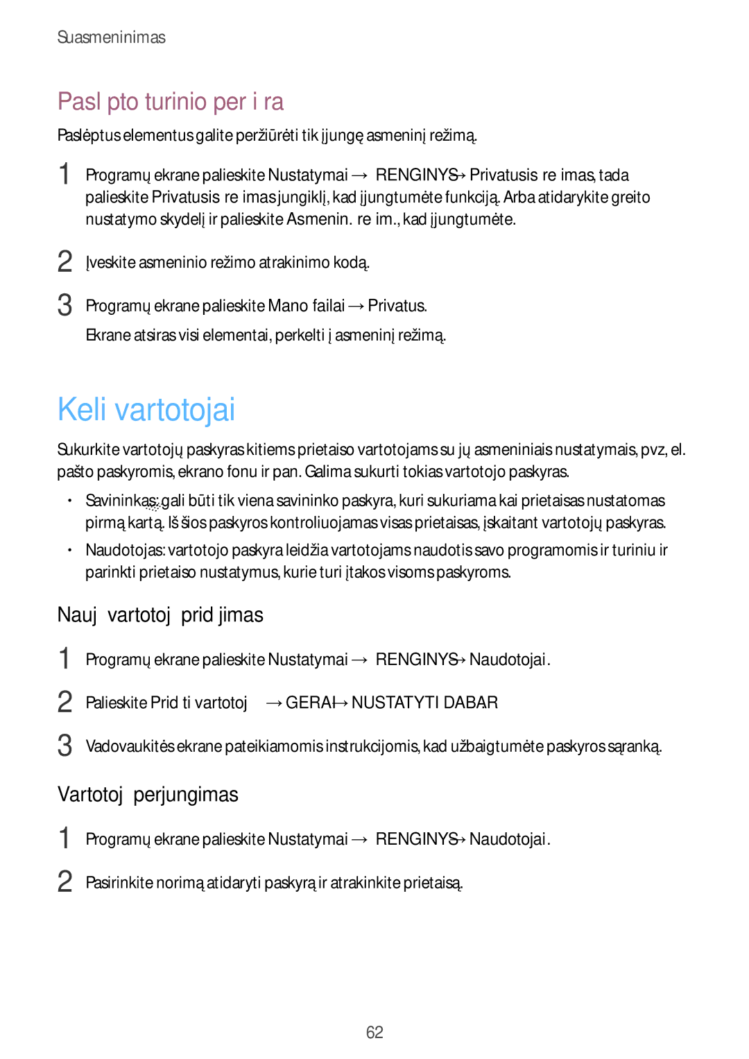 Samsung SM-T705NZWASEB manual Keli vartotojai, Paslėpto turinio peržiūra, Naujų vartotojų pridėjimas, Vartotojų perjungimas 