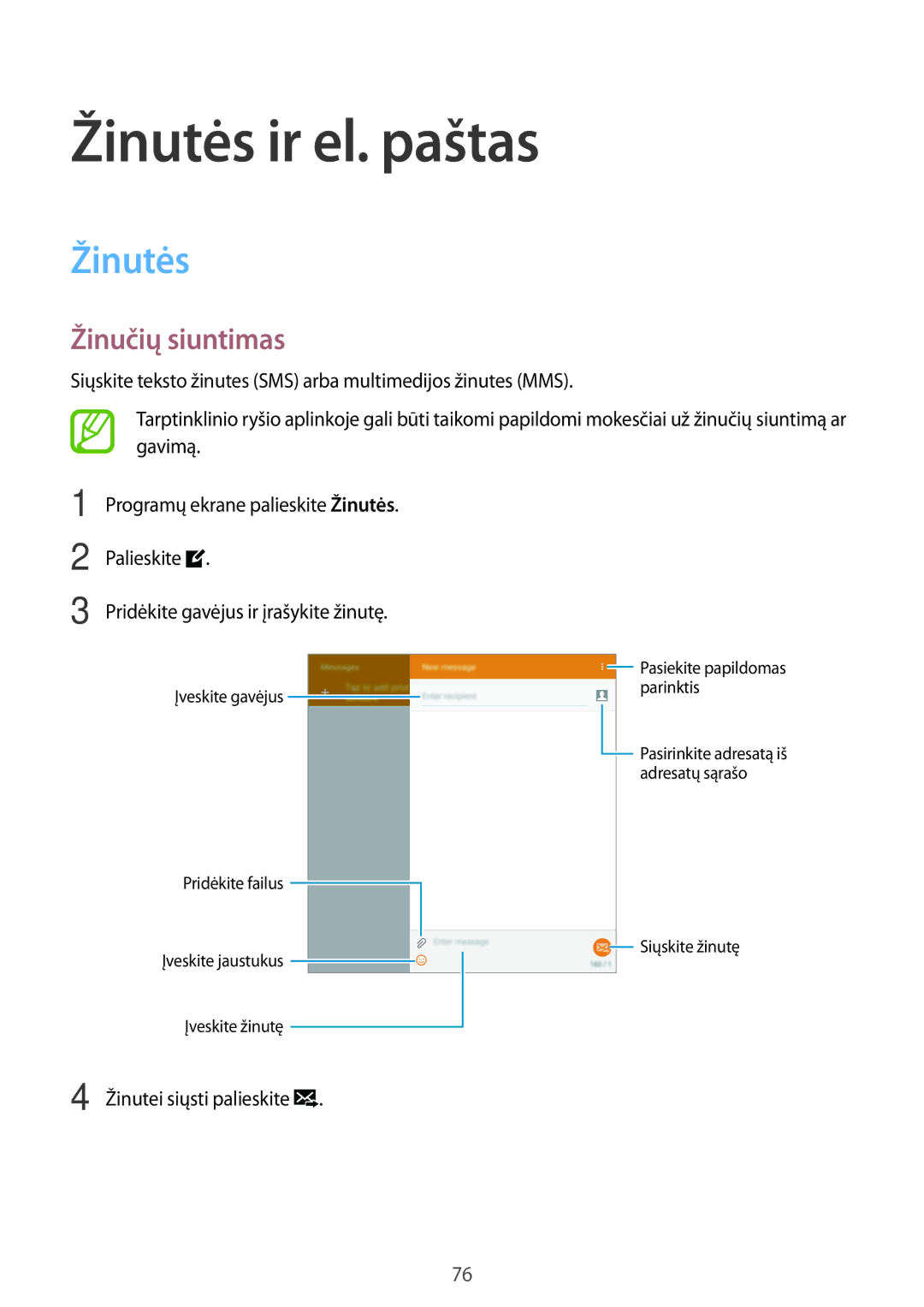 Samsung SM-T705NZWASEB, SM-T705NTSASEB manual Žinutės ir el. paštas, Žinučių siuntimas 