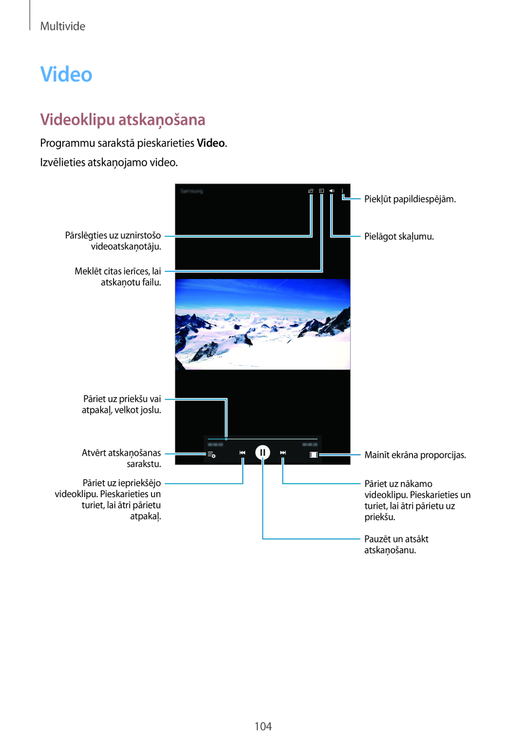 Samsung SM-T705NZWASEB, SM-T705NTSASEB manual Videoklipu atskaņošana 