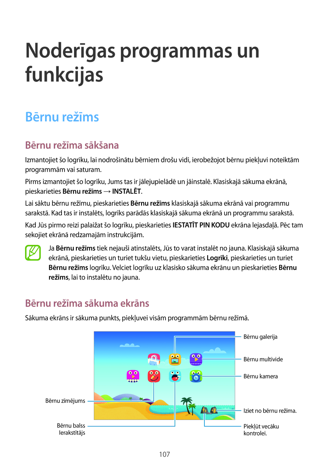 Samsung SM-T705NTSASEB, SM-T705NZWASEB manual Bērnu režīms, Bērnu režīma sākšana, Bērnu režīma sākuma ekrāns 