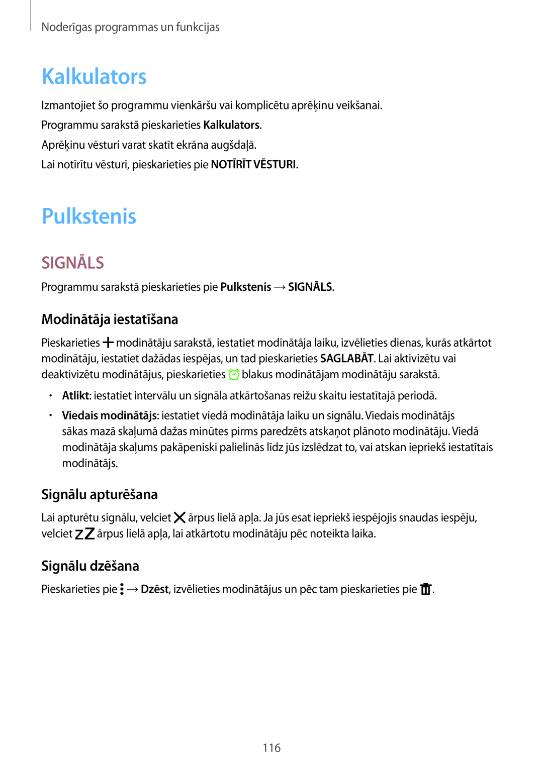 Samsung SM-T705NZWASEB manual Kalkulators, Pulkstenis, Modinātāja iestatīšana, Signālu apturēšana, Signālu dzēšana 