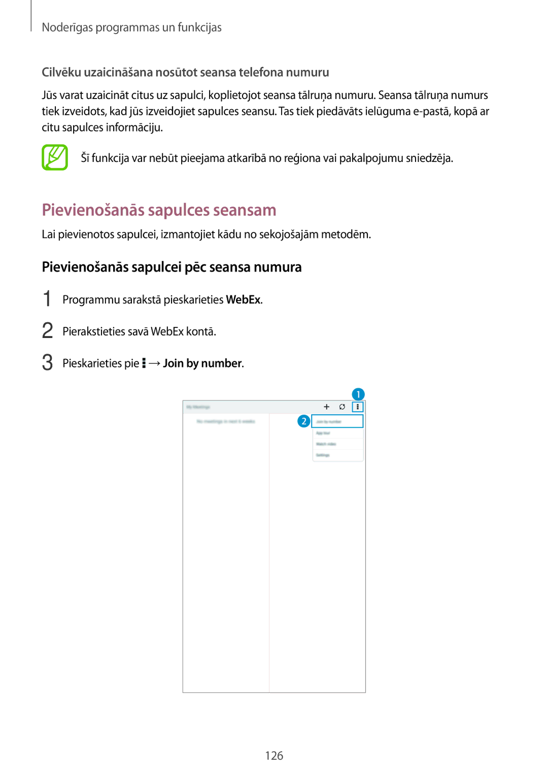 Samsung SM-T705NZWASEB, SM-T705NTSASEB manual Pievienošanās sapulces seansam, Pievienošanās sapulcei pēc seansa numura 
