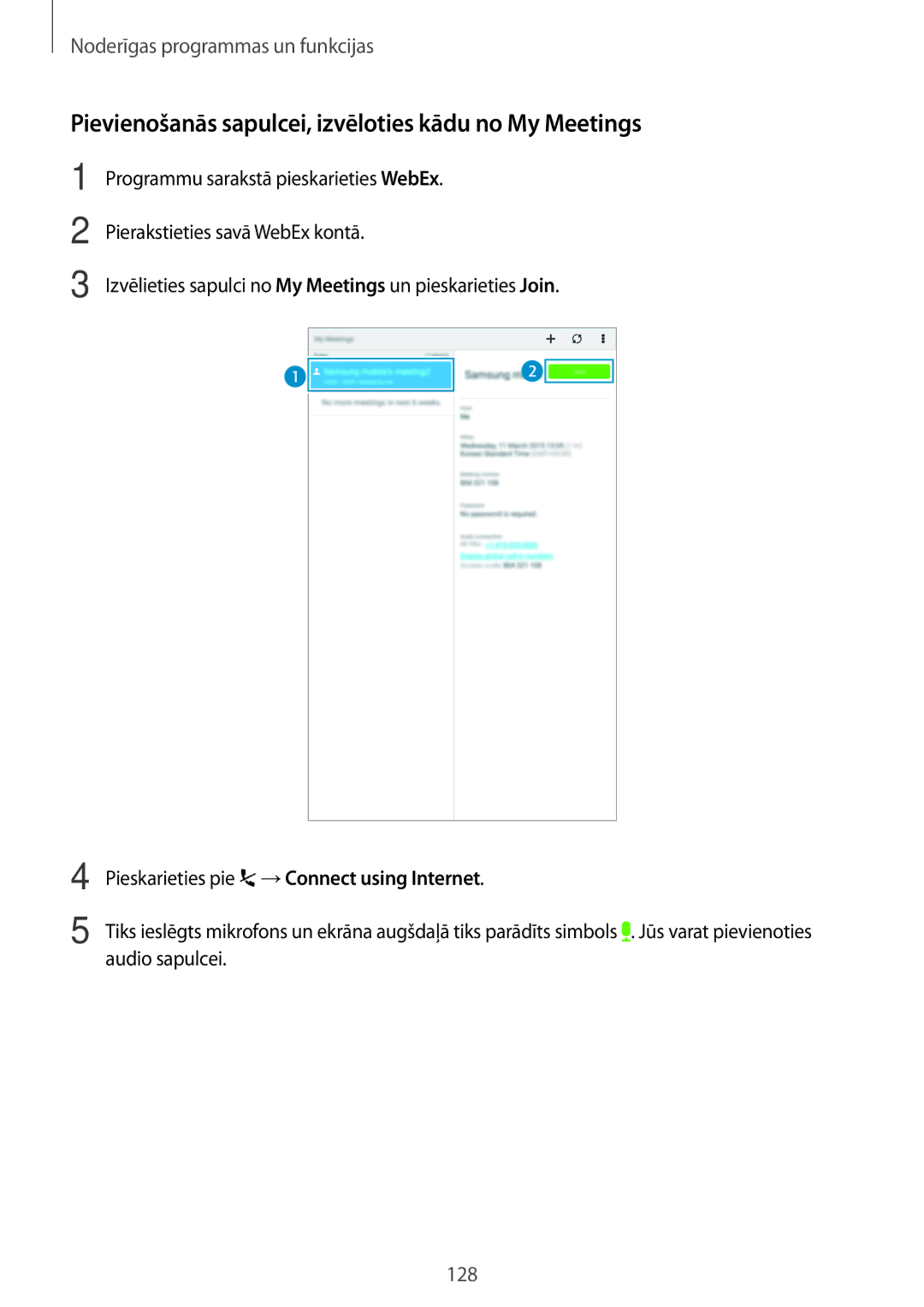Samsung SM-T705NZWASEB, SM-T705NTSASEB manual Pievienošanās sapulcei, izvēloties kādu no My Meetings 