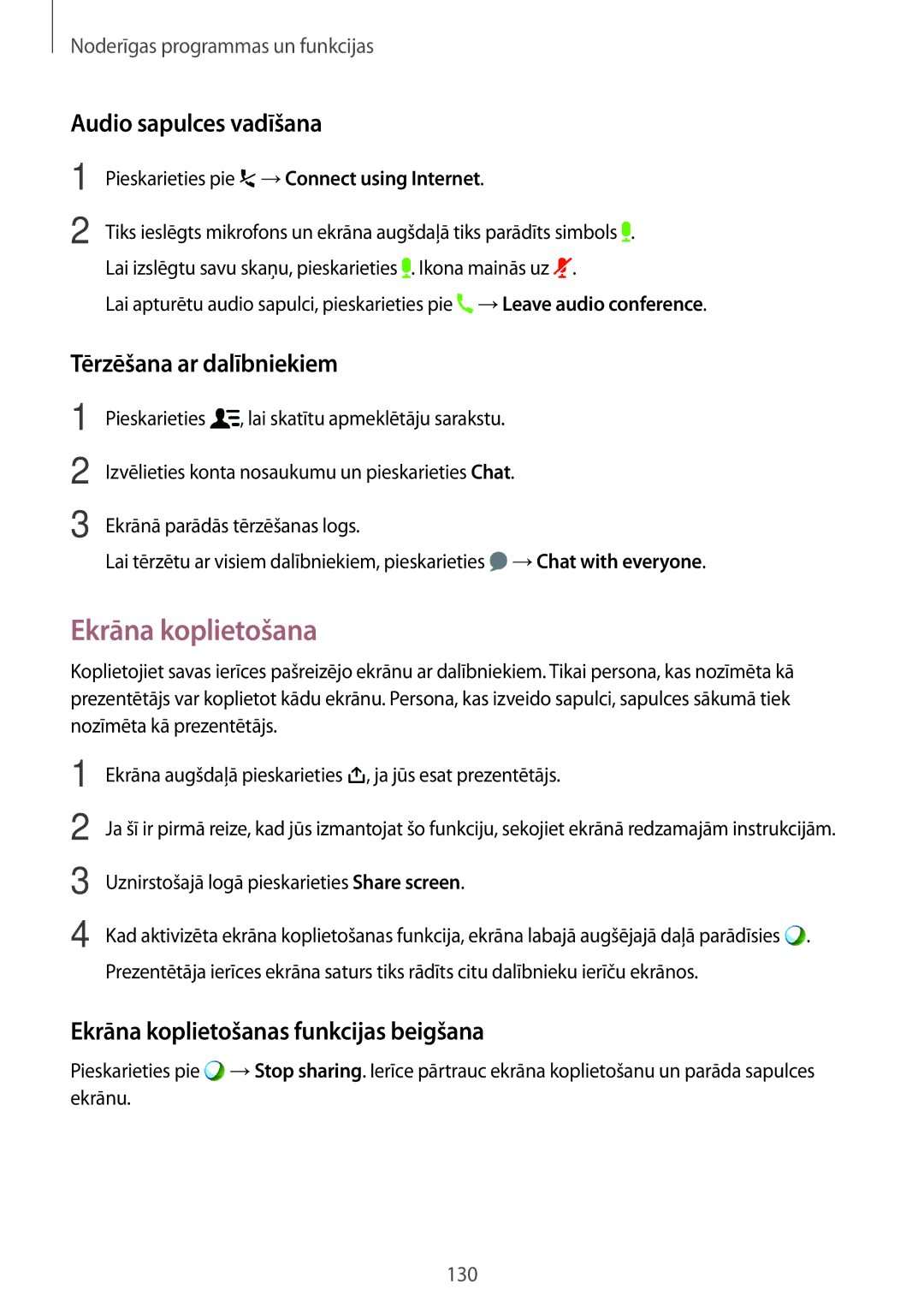 Samsung SM-T705NZWASEB, SM-T705NTSASEB manual Ekrāna koplietošana, Audio sapulces vadīšana, Tērzēšana ar dalībniekiem 