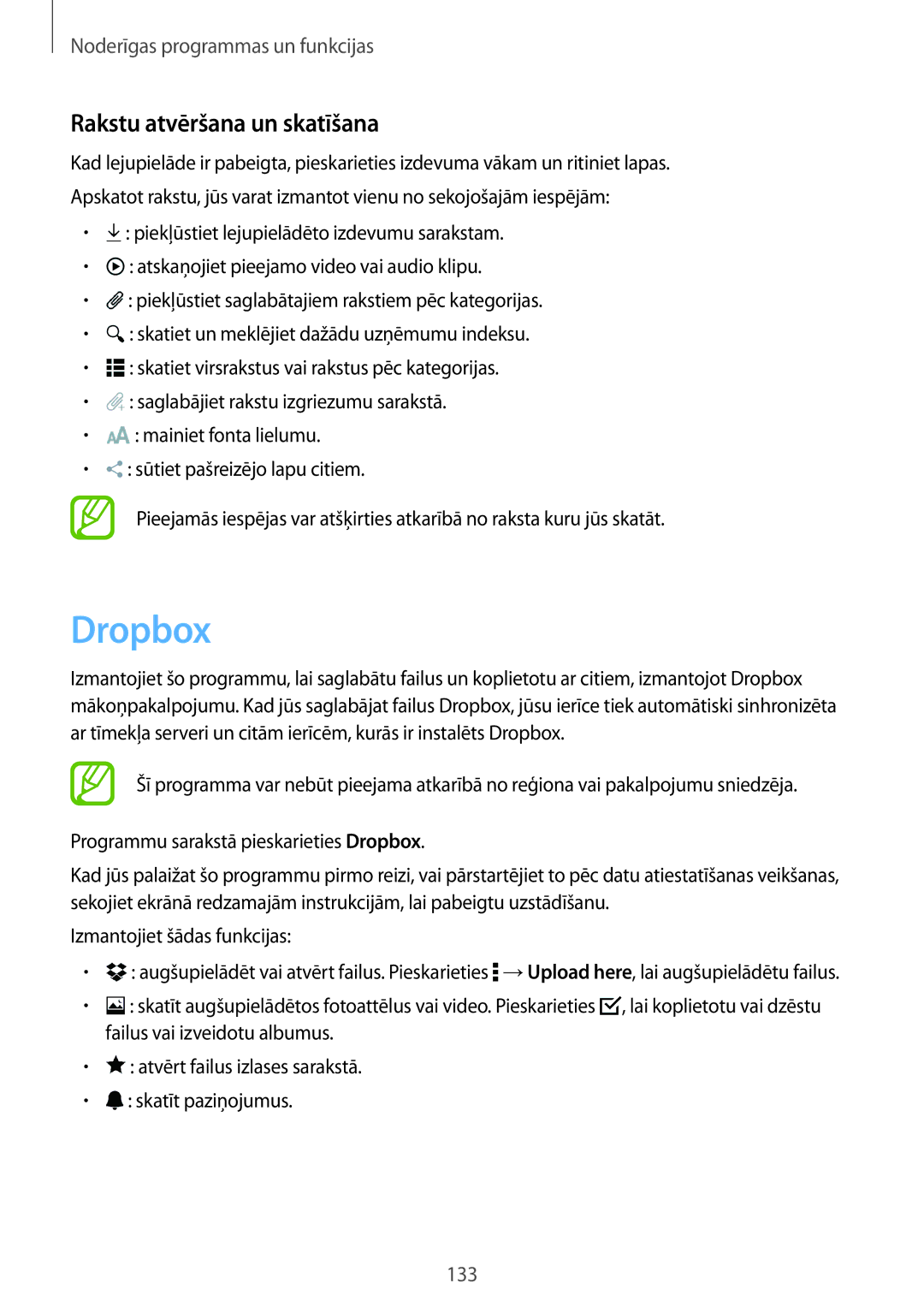 Samsung SM-T705NTSASEB, SM-T705NZWASEB manual Dropbox, Rakstu atvēršana un skatīšana, Izmantojiet šādas funkcijas 