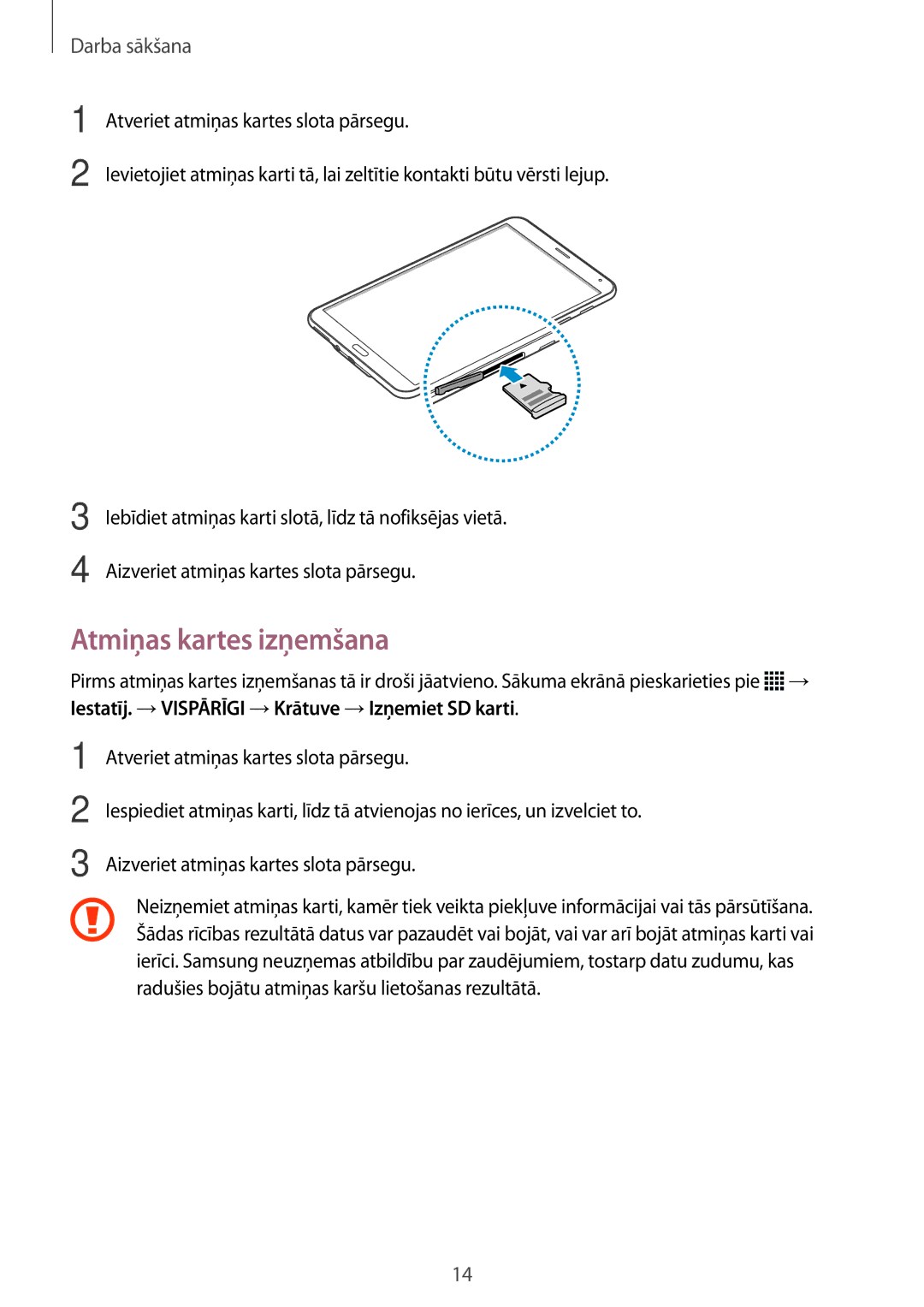 Samsung SM-T705NZWASEB, SM-T705NTSASEB manual Atmiņas kartes izņemšana 