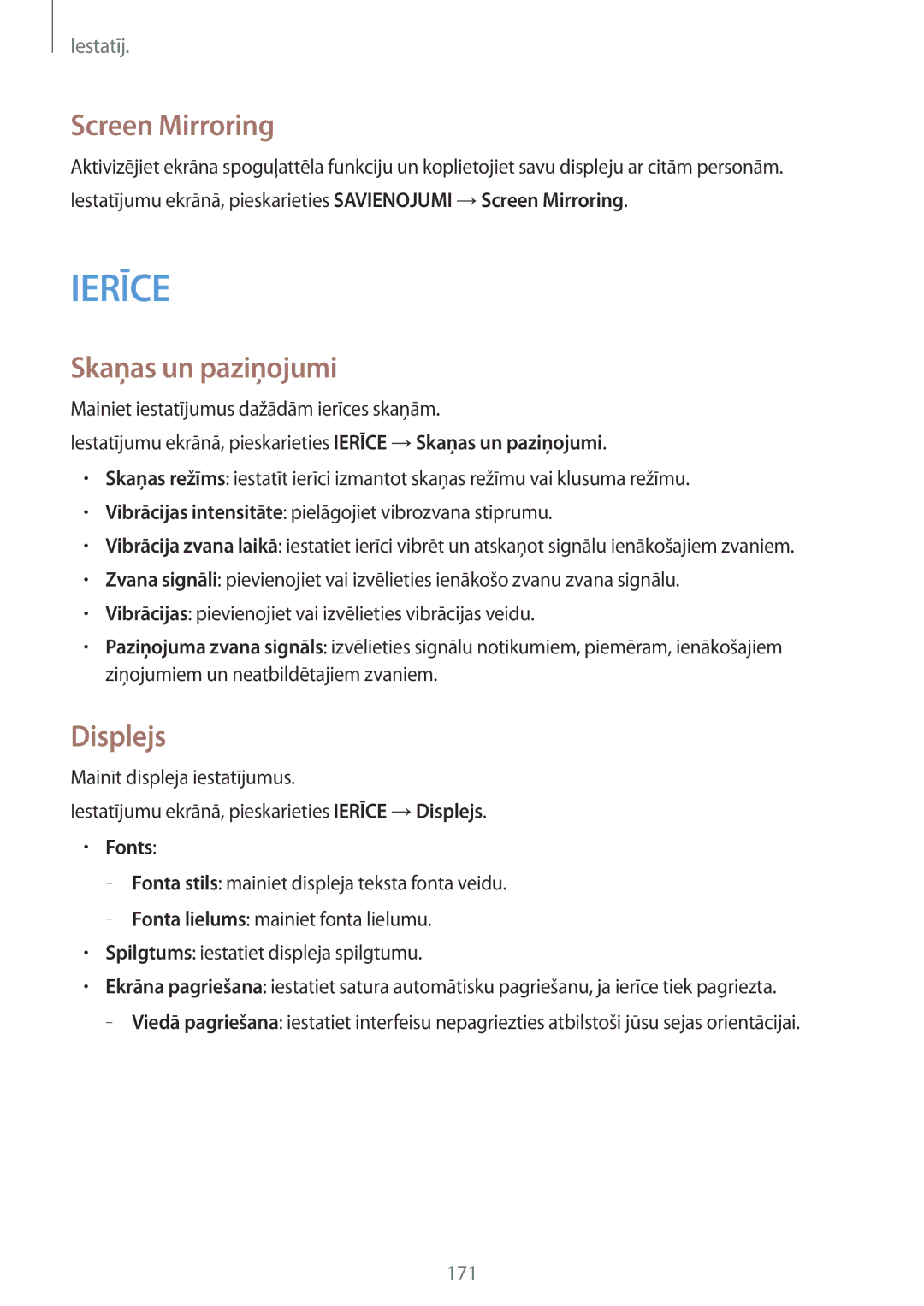 Samsung SM-T705NTSASEB, SM-T705NZWASEB manual Screen Mirroring, Skaņas un paziņojumi, Displejs, Fonts 