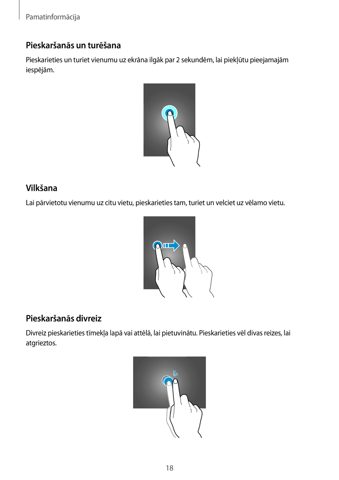 Samsung SM-T705NZWASEB, SM-T705NTSASEB manual Pieskaršanās un turēšana, Vilkšana, Pieskaršanās divreiz 