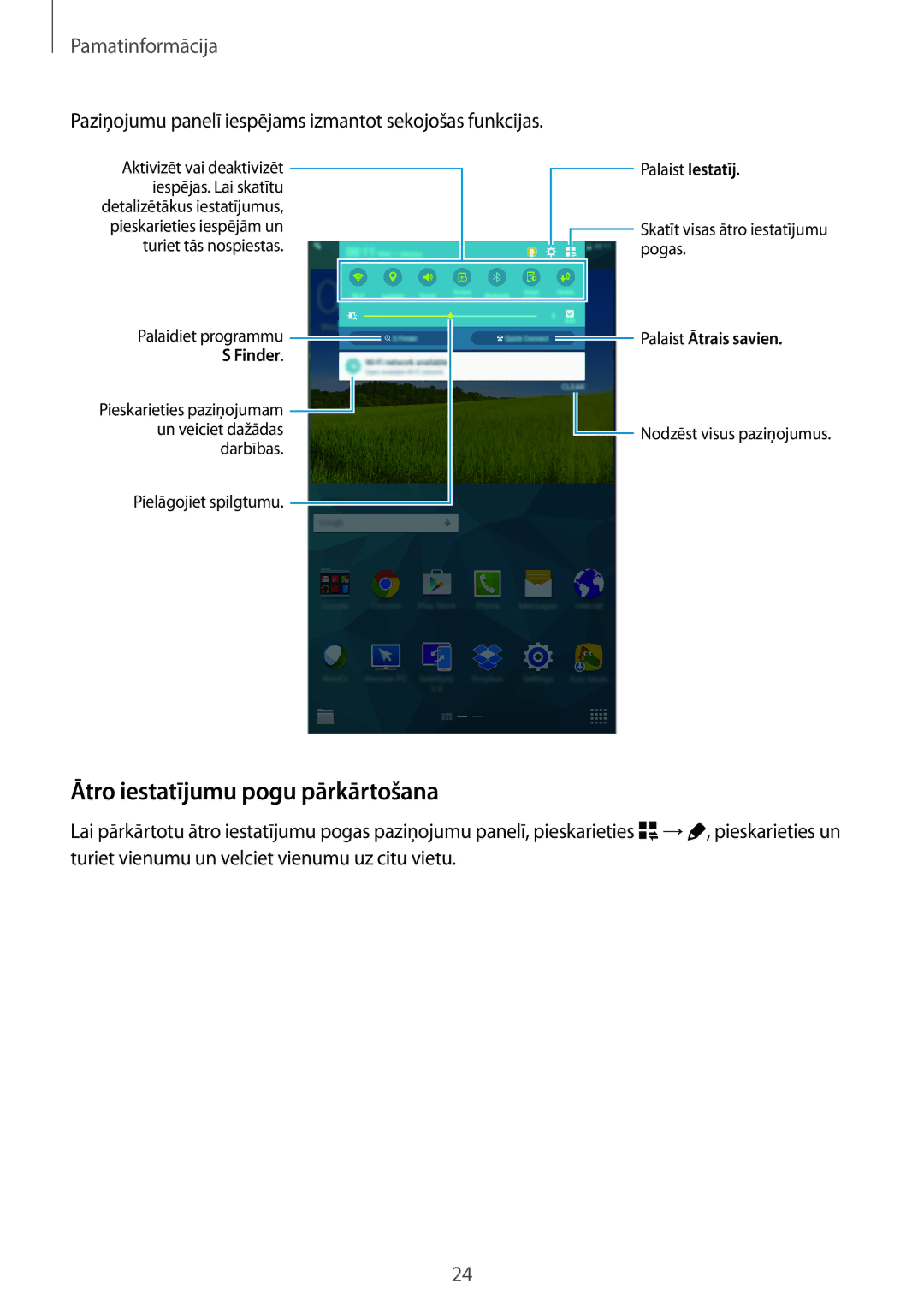 Samsung SM-T705NZWASEB manual Ātro iestatījumu pogu pārkārtošana, Paziņojumu panelī iespējams izmantot sekojošas funkcijas 