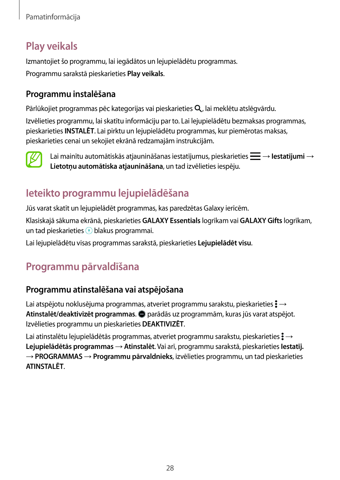 Samsung SM-T705NZWASEB, SM-T705NTSASEB manual Play veikals, Ieteikto programmu lejupielādēšana, Programmu pārvaldīšana 