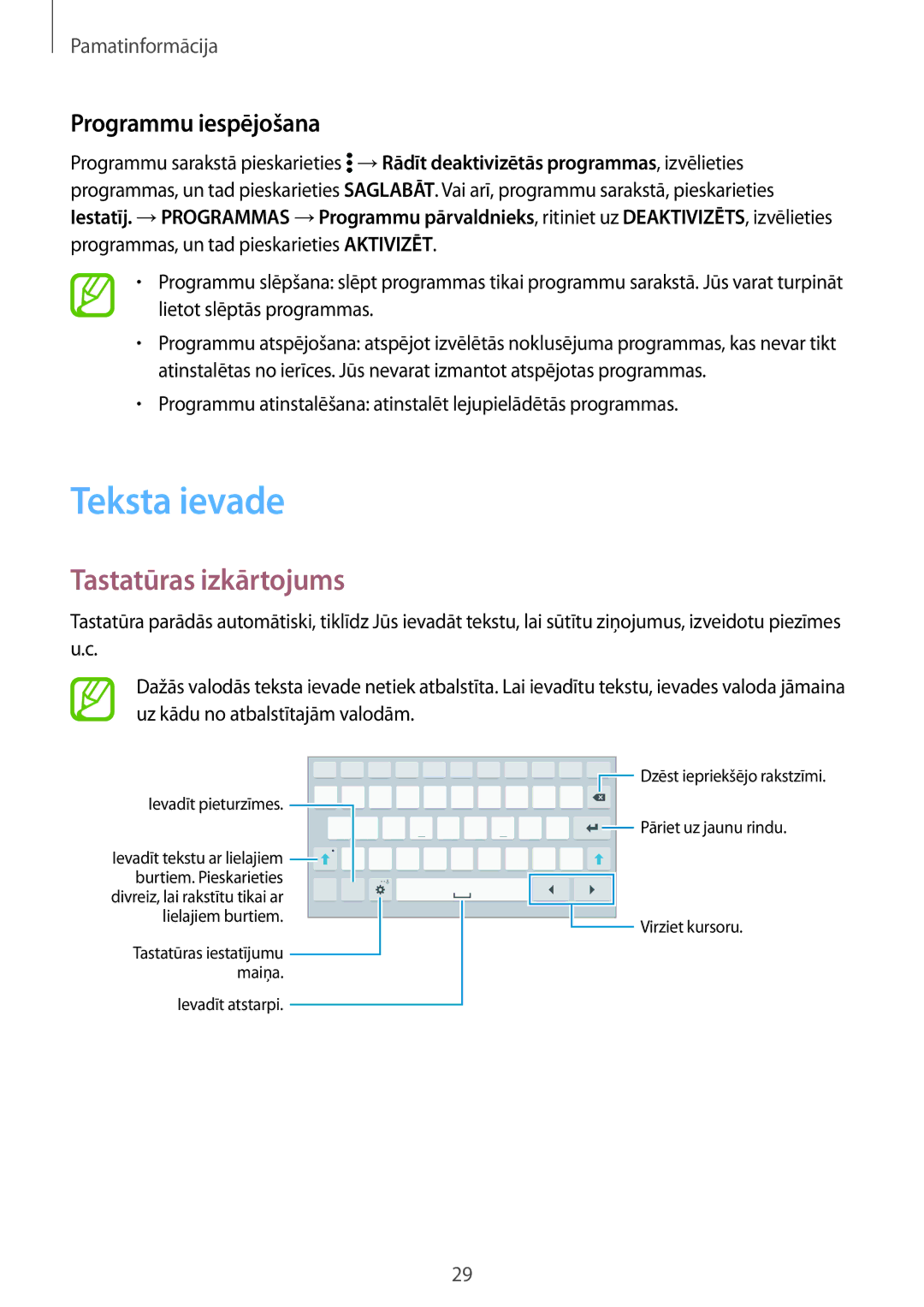 Samsung SM-T705NTSASEB, SM-T705NZWASEB manual Teksta ievade, Tastatūras izkārtojums, Programmu iespējošana 