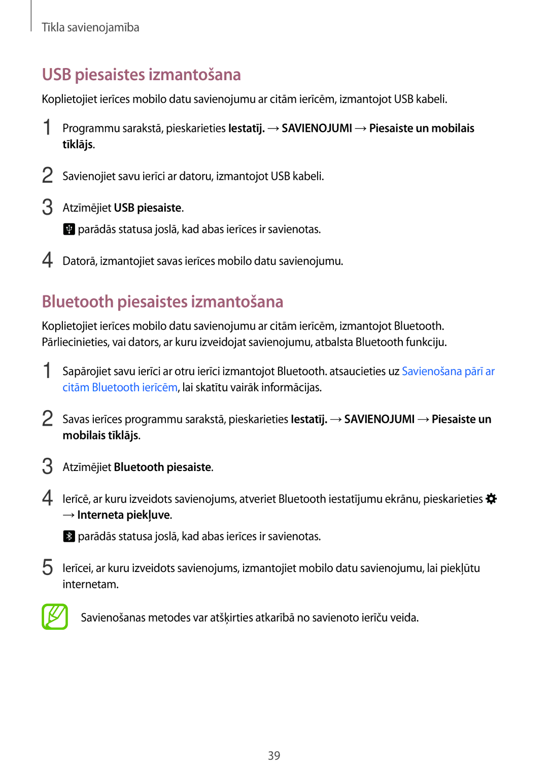 Samsung SM-T705NTSASEB manual USB piesaistes izmantošana, Bluetooth piesaistes izmantošana, Atzīmējiet USB piesaiste 