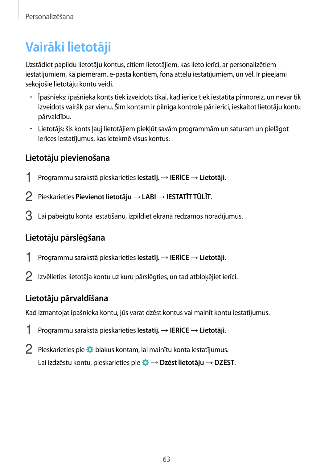 Samsung SM-T705NTSASEB manual Vairāki lietotāji, Lietotāju pievienošana, Lietotāju pārslēgšana, Lietotāju pārvaldīšana 