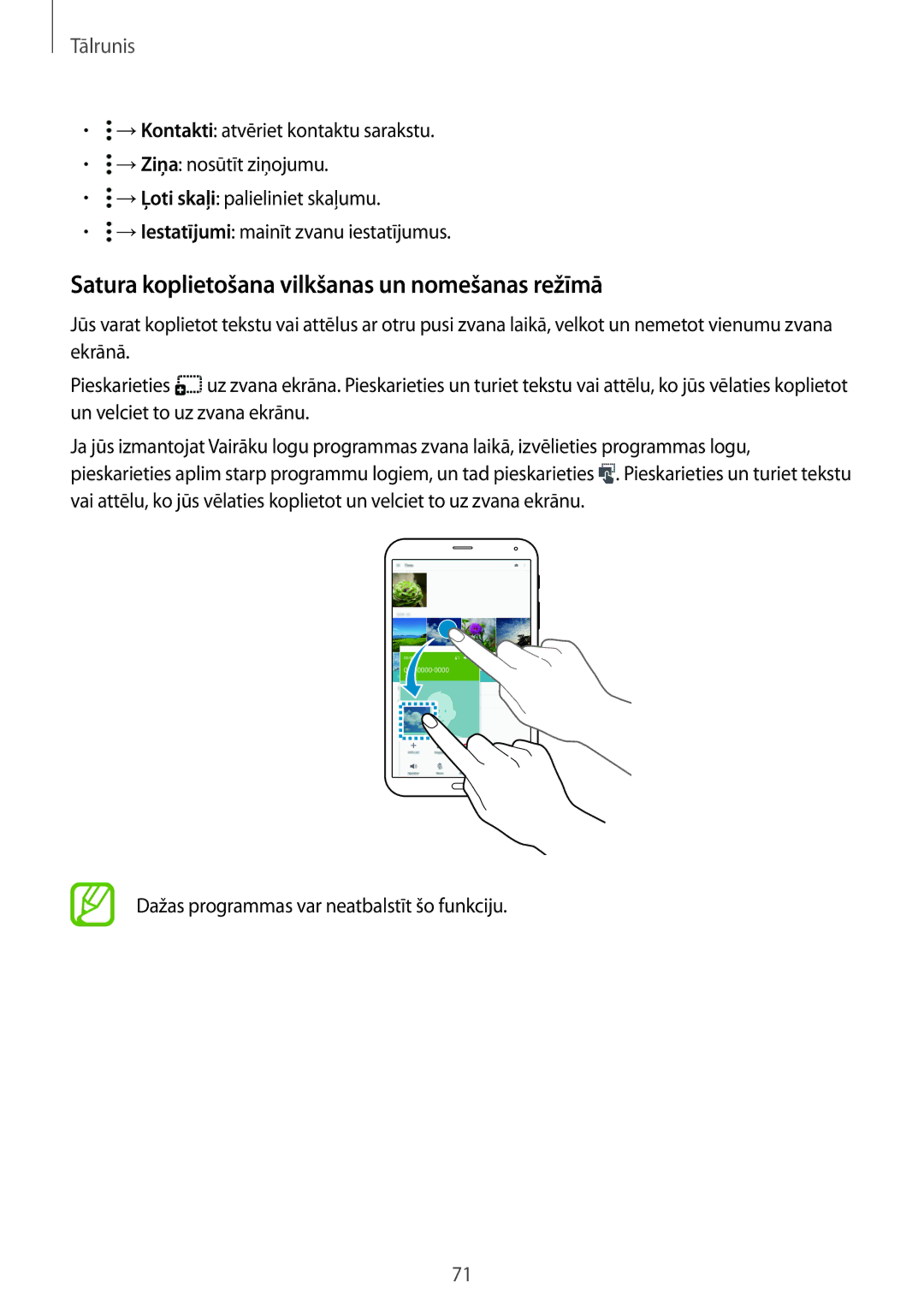 Samsung SM-T705NTSASEB, SM-T705NZWASEB manual Satura koplietošana vilkšanas un nomešanas režīmā 