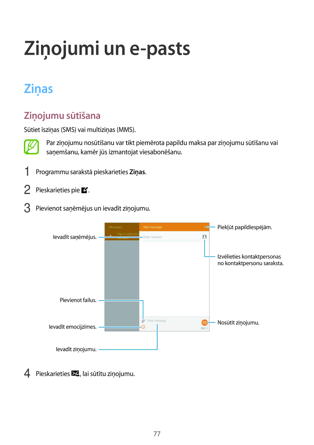 Samsung SM-T705NTSASEB, SM-T705NZWASEB manual Ziņojumi un e-pasts, Ziņas, Ziņojumu sūtīšana 