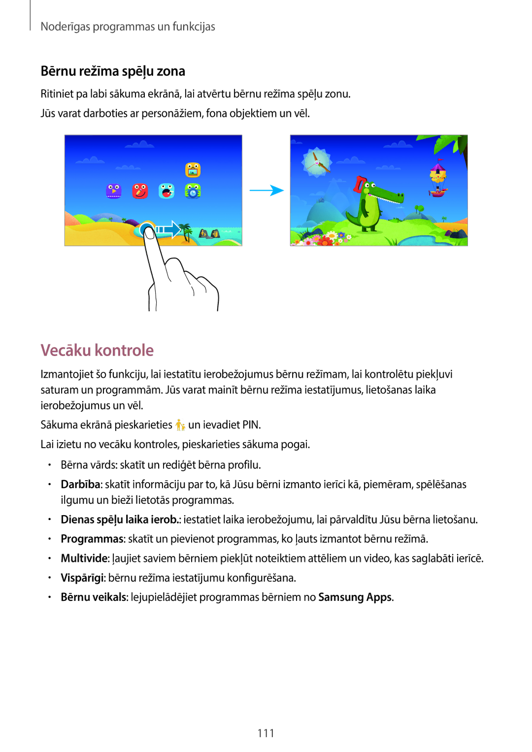 Samsung SM-T705NTSASEB, SM-T705NZWASEB manual Vecāku kontrole, Bērnu režīma spēļu zona 