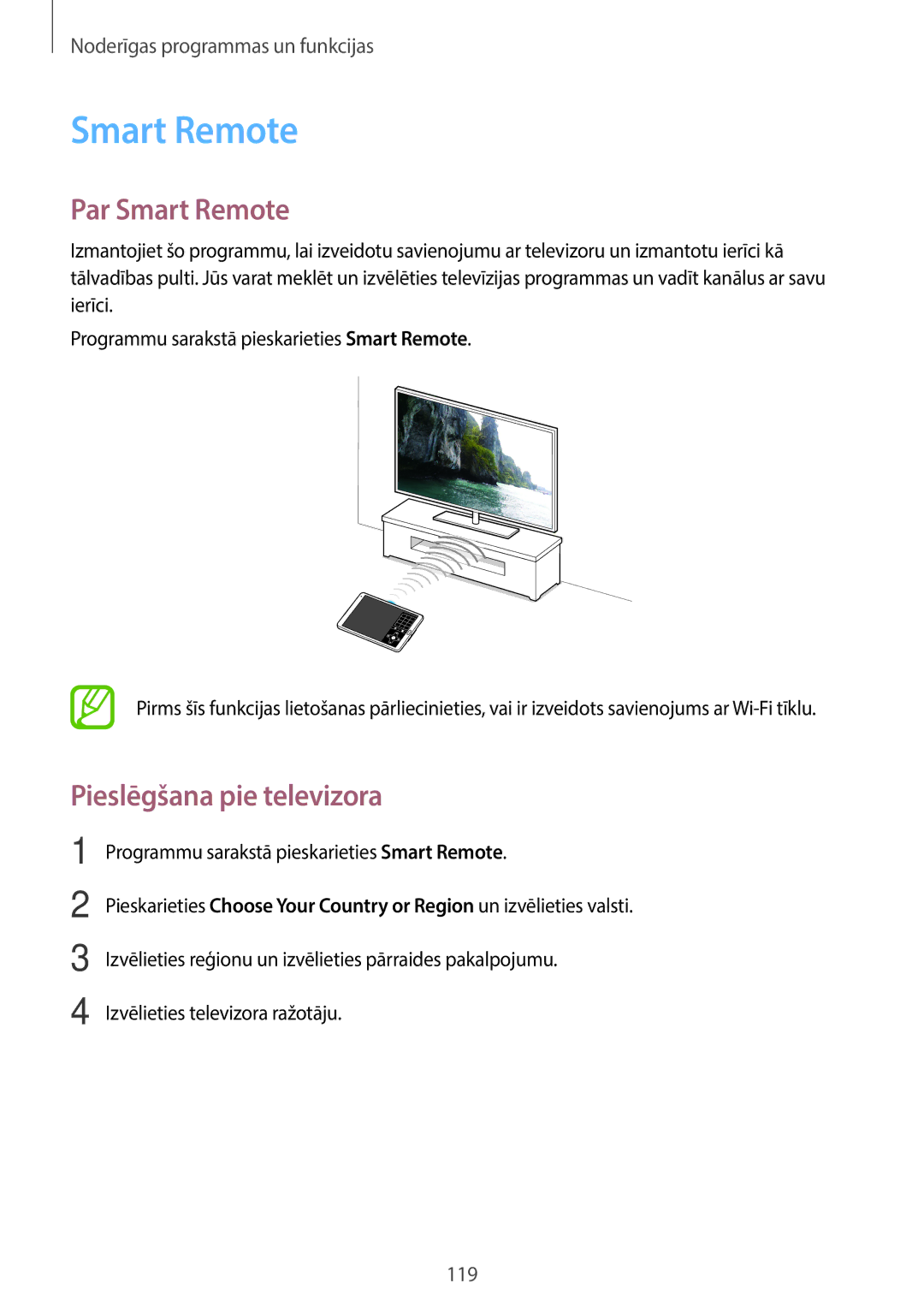 Samsung SM-T705NTSASEB, SM-T705NZWASEB manual Par Smart Remote, Pieslēgšana pie televizora 