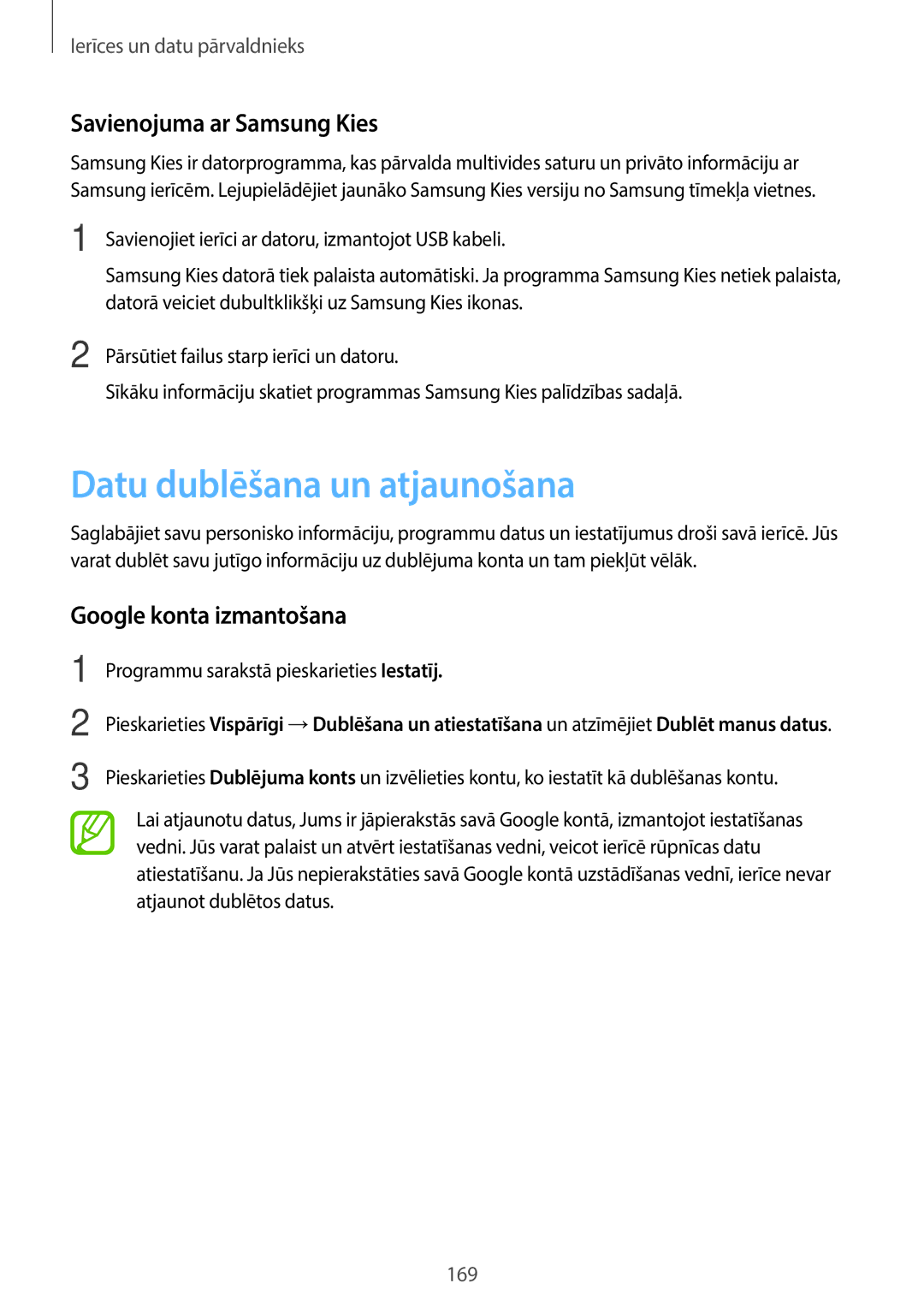Samsung SM-T705NTSASEB manual Datu dublēšana un atjaunošana, Savienojuma ar Samsung Kies, Google konta izmantošana 