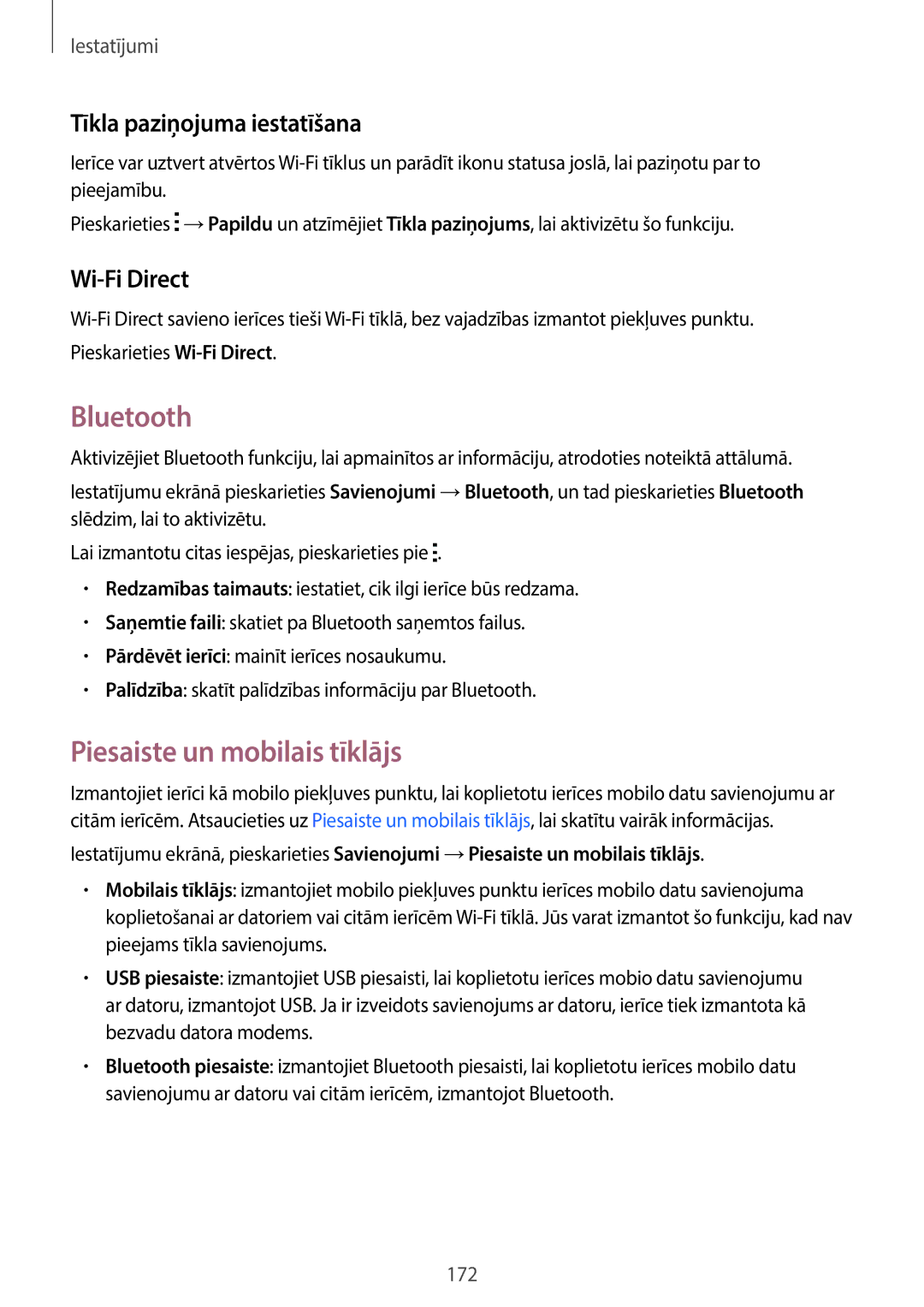 Samsung SM-T705NZWASEB manual Bluetooth, Piesaiste un mobilais tīklājs, Tīkla paziņojuma iestatīšana, Wi-Fi Direct 