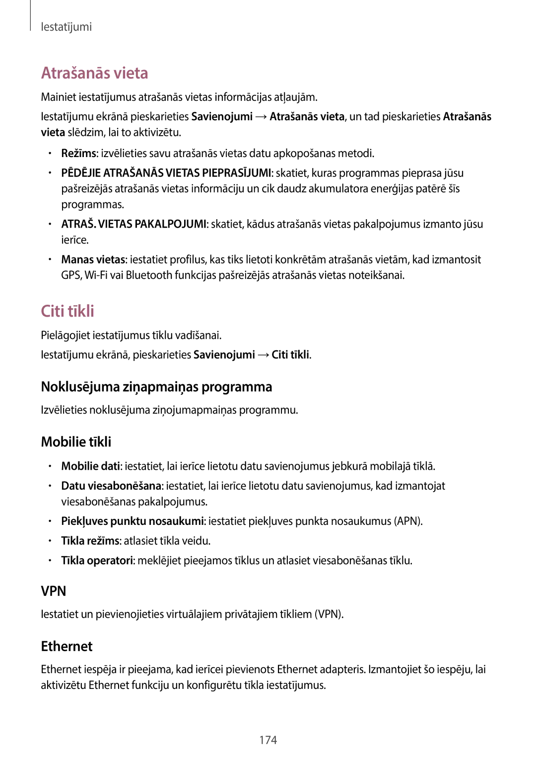 Samsung SM-T705NZWASEB manual Atrašanās vieta, Citi tīkli, Noklusējuma ziņapmaiņas programma, Mobilie tīkli, Ethernet 