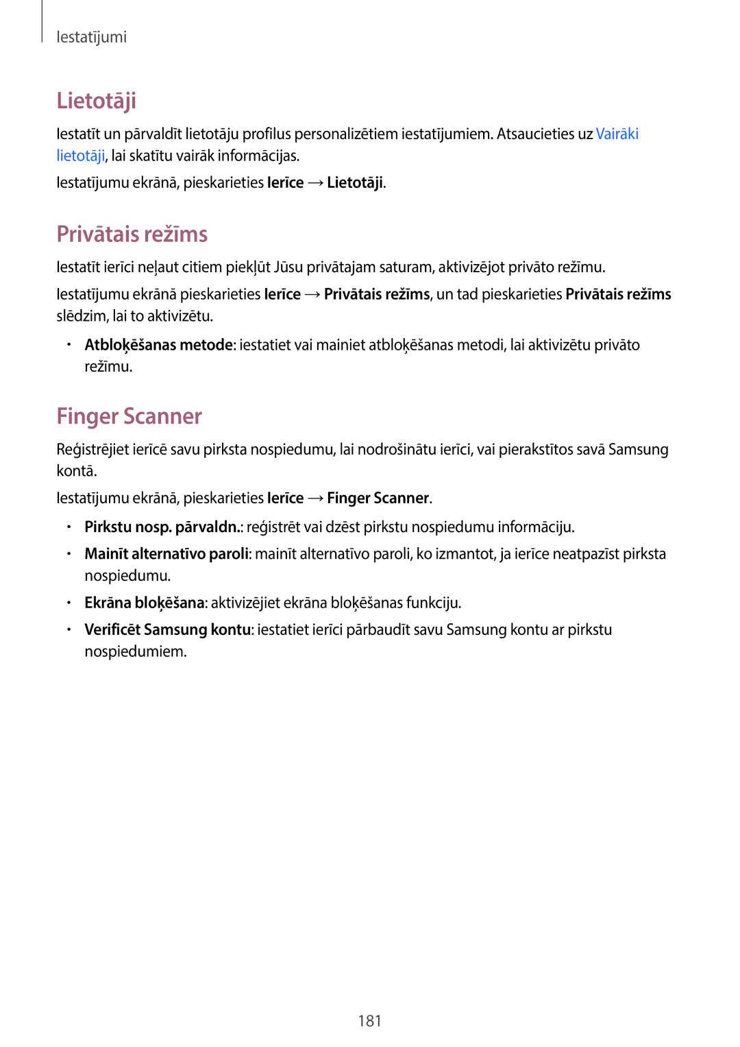 Samsung SM-T705NTSASEB, SM-T705NZWASEB manual Lietotāji, Privātais režīms, Finger Scanner 