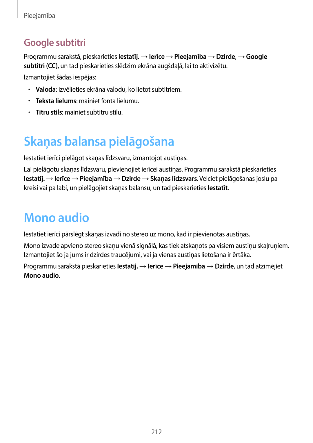 Samsung SM-T705NZWASEB, SM-T705NTSASEB manual Skaņas balansa pielāgošana, Mono audio, Google subtitri 