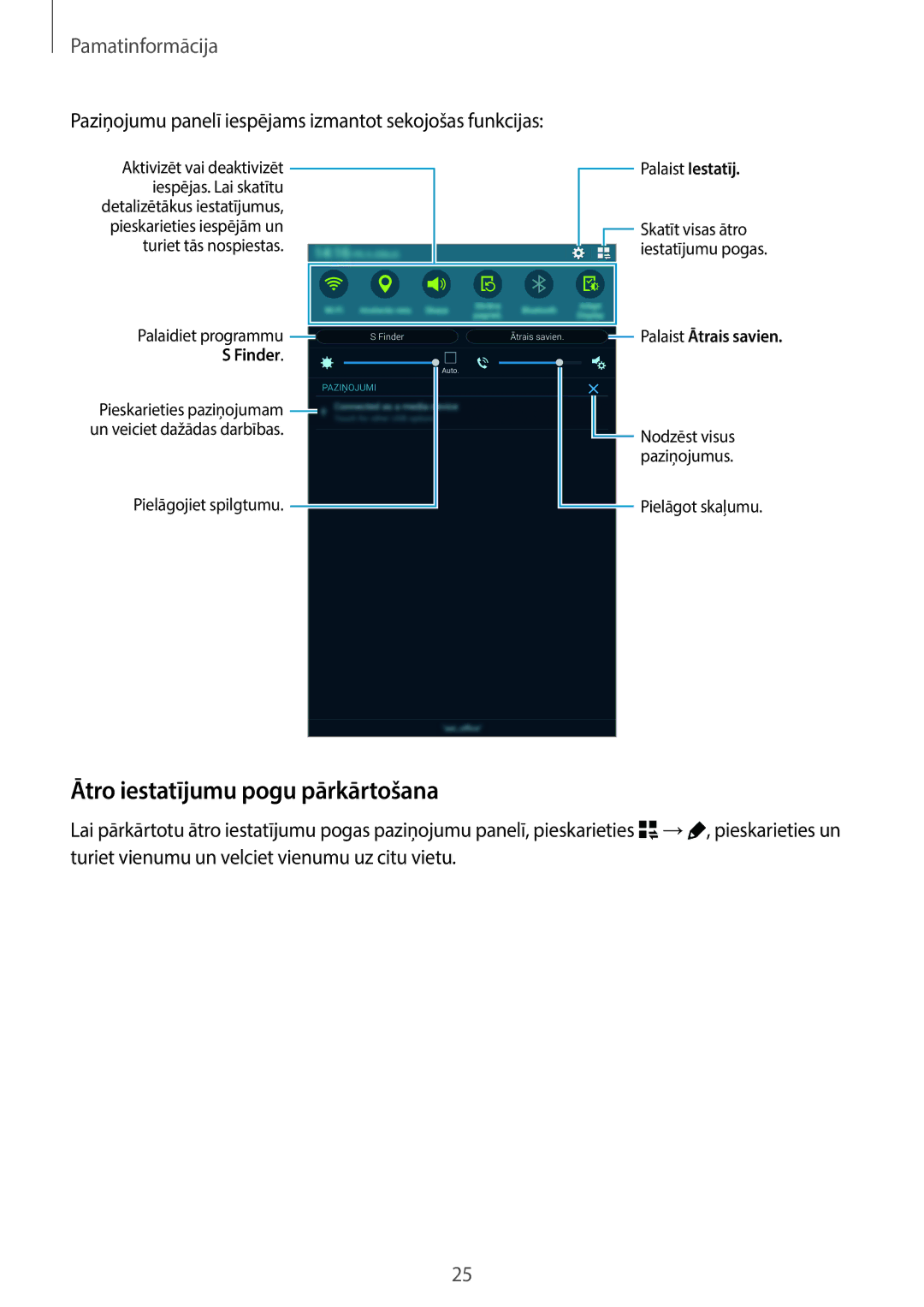 Samsung SM-T705NTSASEB manual Ātro iestatījumu pogu pārkārtošana, Paziņojumu panelī iespējams izmantot sekojošas funkcijas 