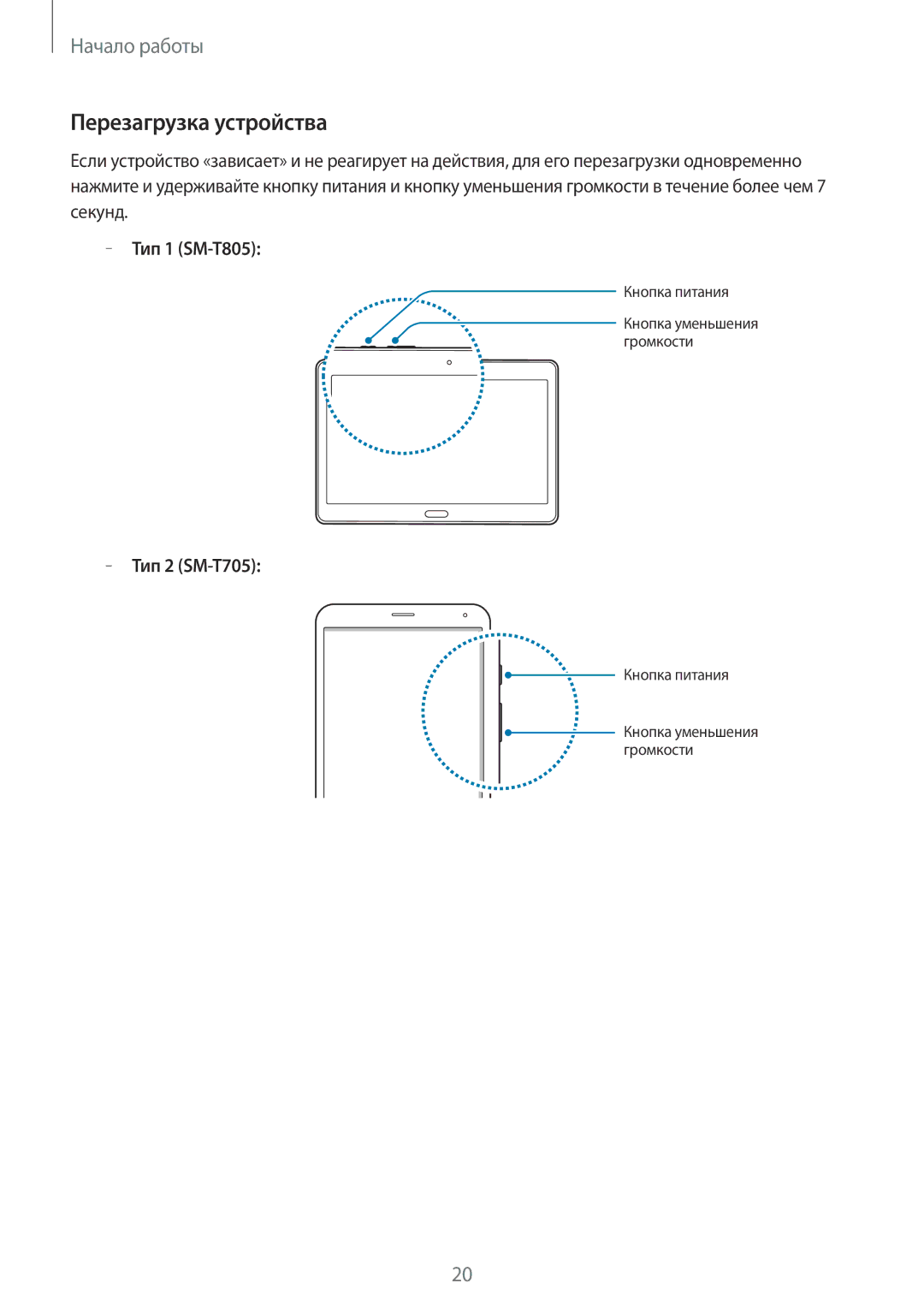 Samsung SM-T705NHAASER, SM-T705NZWASEB, SM-T805NZWASEB, SM-T705NTSASEB, SM-T805NTSASEB Перезагрузка устройства, Тип 1 SM-T805 