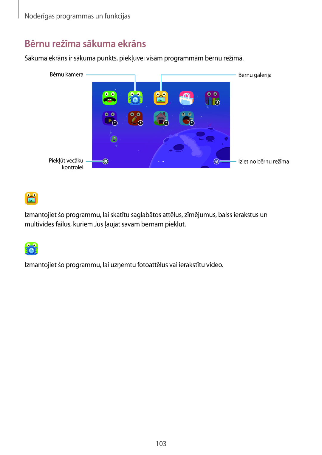 Samsung SM-T805NTSASEB, SM-T705NZWASEB, SM-T805NZWASEB, SM-T705NTSASEB, SM-T805NHAASEB manual Bērnu režīma sākuma ekrāns 