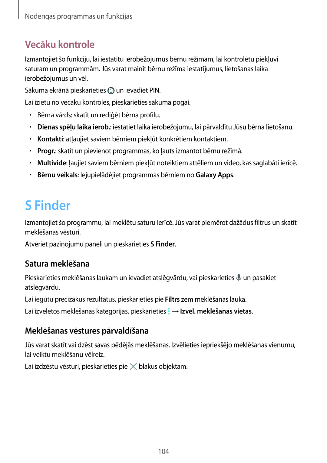 Samsung SM-T805NHAASEB, SM-T705NZWASEB manual Finder, Vecāku kontrole, Satura meklēšana, Meklēšanas vēstures pārvaldīšana 