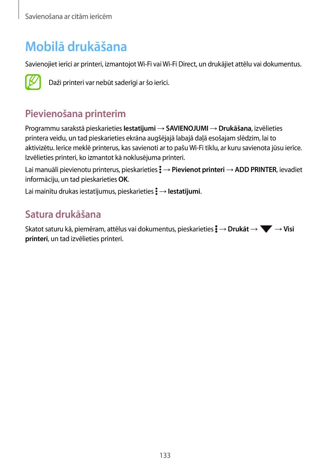 Samsung SM-T805NTSASEB, SM-T705NZWASEB, SM-T805NZWASEB manual Mobilā drukāšana, Pievienošana printerim, Satura drukāšana 