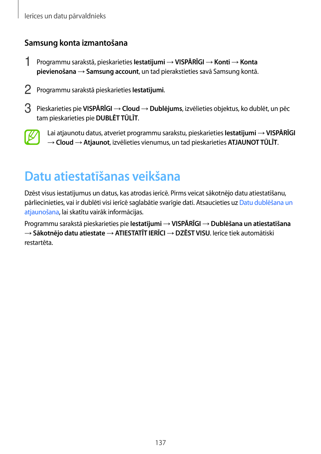 Samsung SM-T705NTSASEB, SM-T705NZWASEB, SM-T805NZWASEB manual Datu atiestatīšanas veikšana, Samsung konta izmantošana 