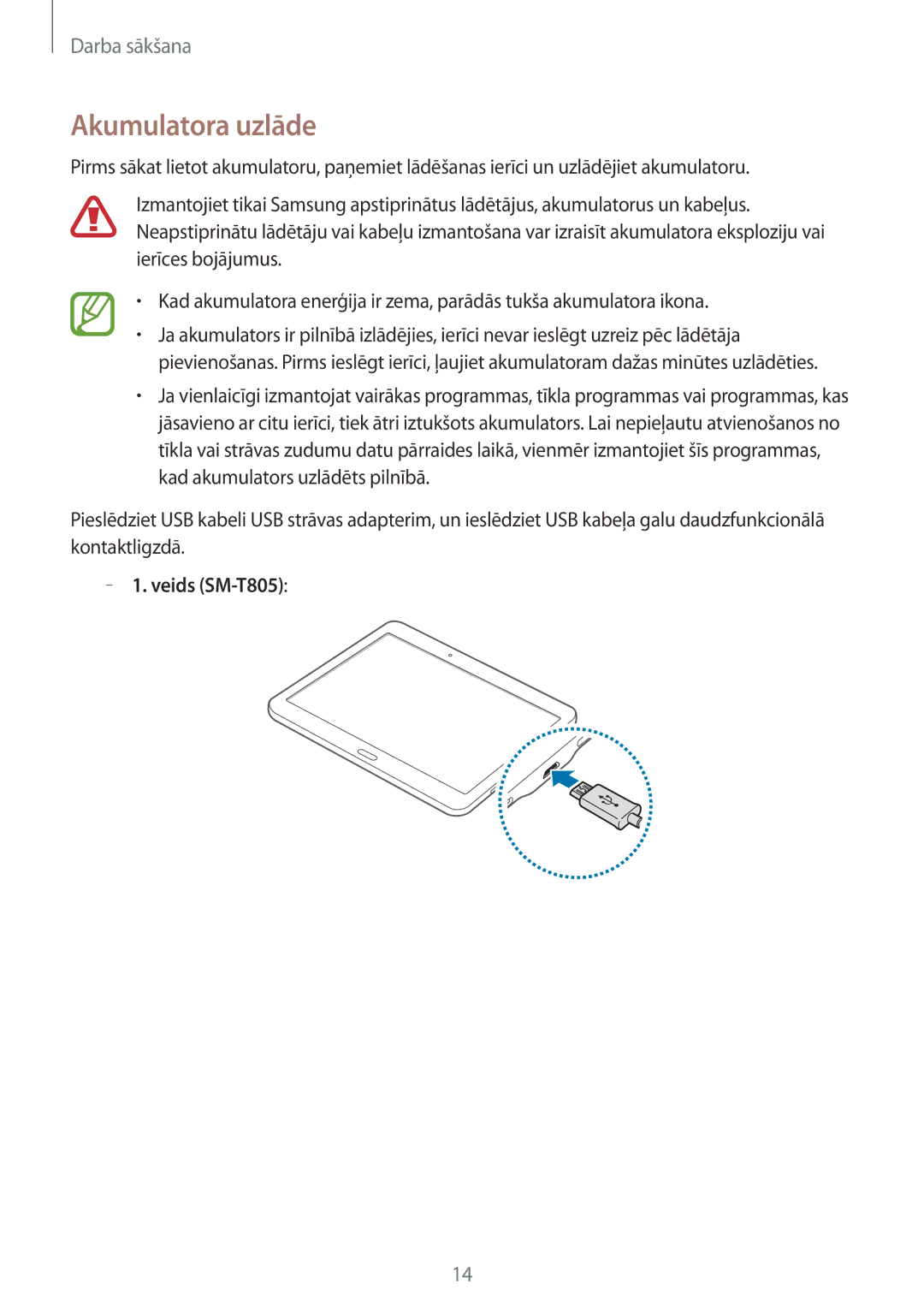 Samsung SM-T805NHAASEB, SM-T705NZWASEB, SM-T805NZWASEB, SM-T705NTSASEB, SM-T805NTSASEB manual Akumulatora uzlāde, Veids SM-T805 