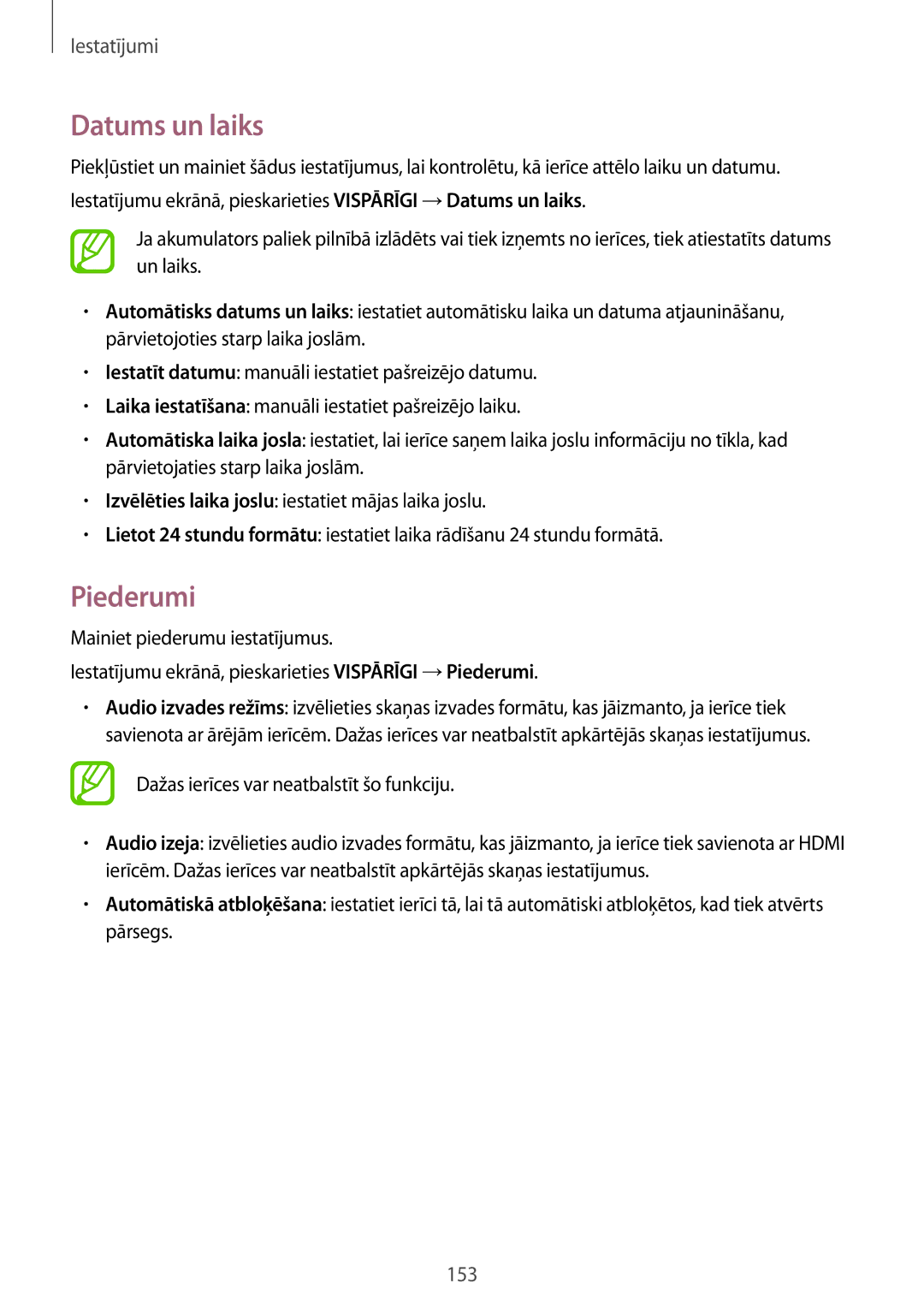 Samsung SM-T805NTSASEB, SM-T705NZWASEB, SM-T805NZWASEB, SM-T705NTSASEB, SM-T805NHAASEB manual Datums un laiks, Piederumi 