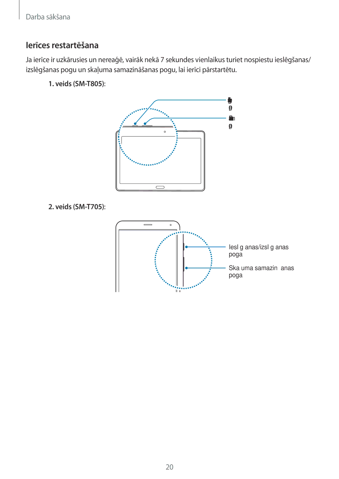 Samsung SM-T705NZWASEB, SM-T805NZWASEB, SM-T705NTSASEB, SM-T805NTSASEB, SM-T805NHAASEB Ierīces restartēšana, Veids SM-T805 