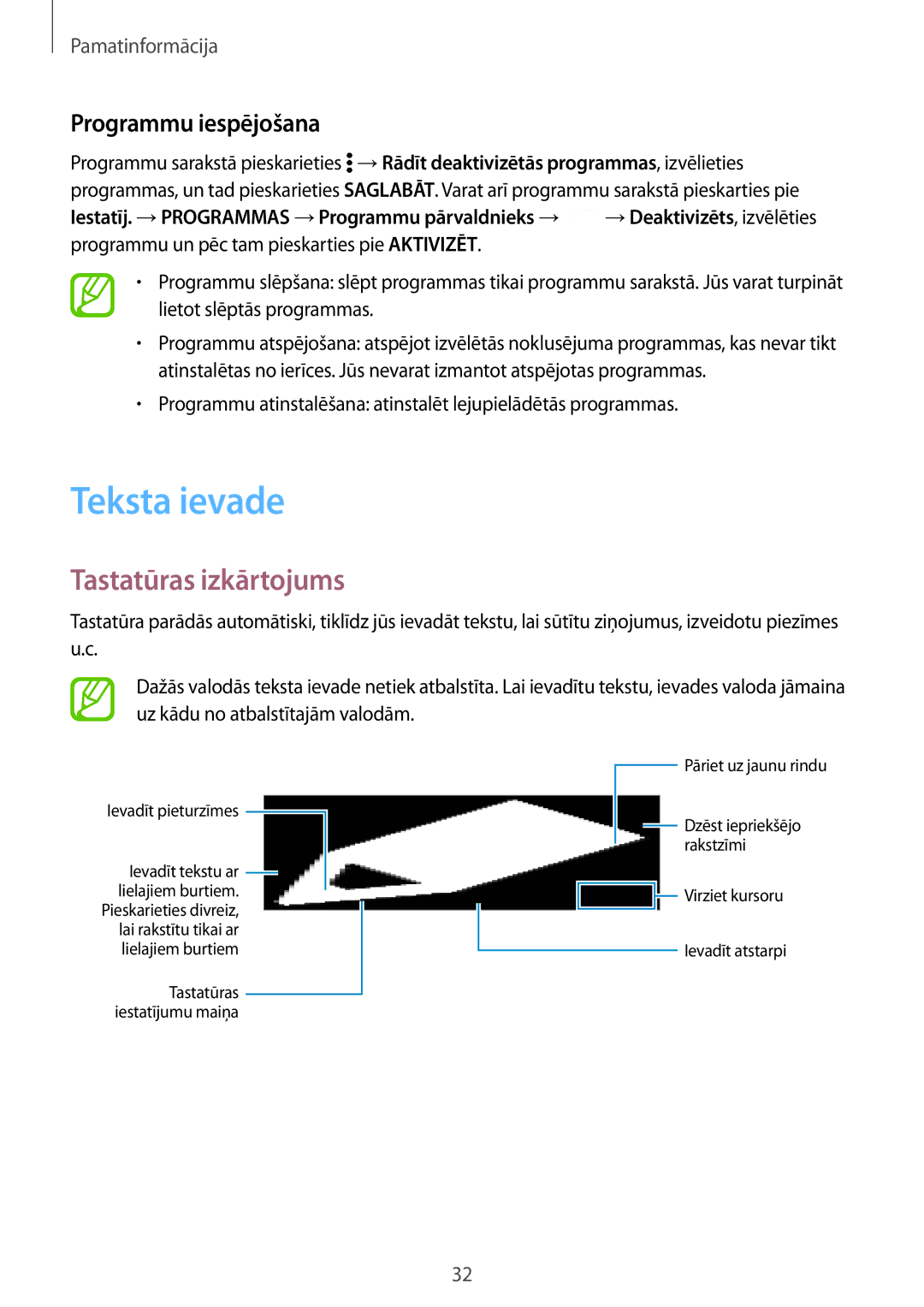 Samsung SM-T705NTSASEB, SM-T705NZWASEB, SM-T805NZWASEB manual Teksta ievade, Tastatūras izkārtojums, Programmu iespējošana 