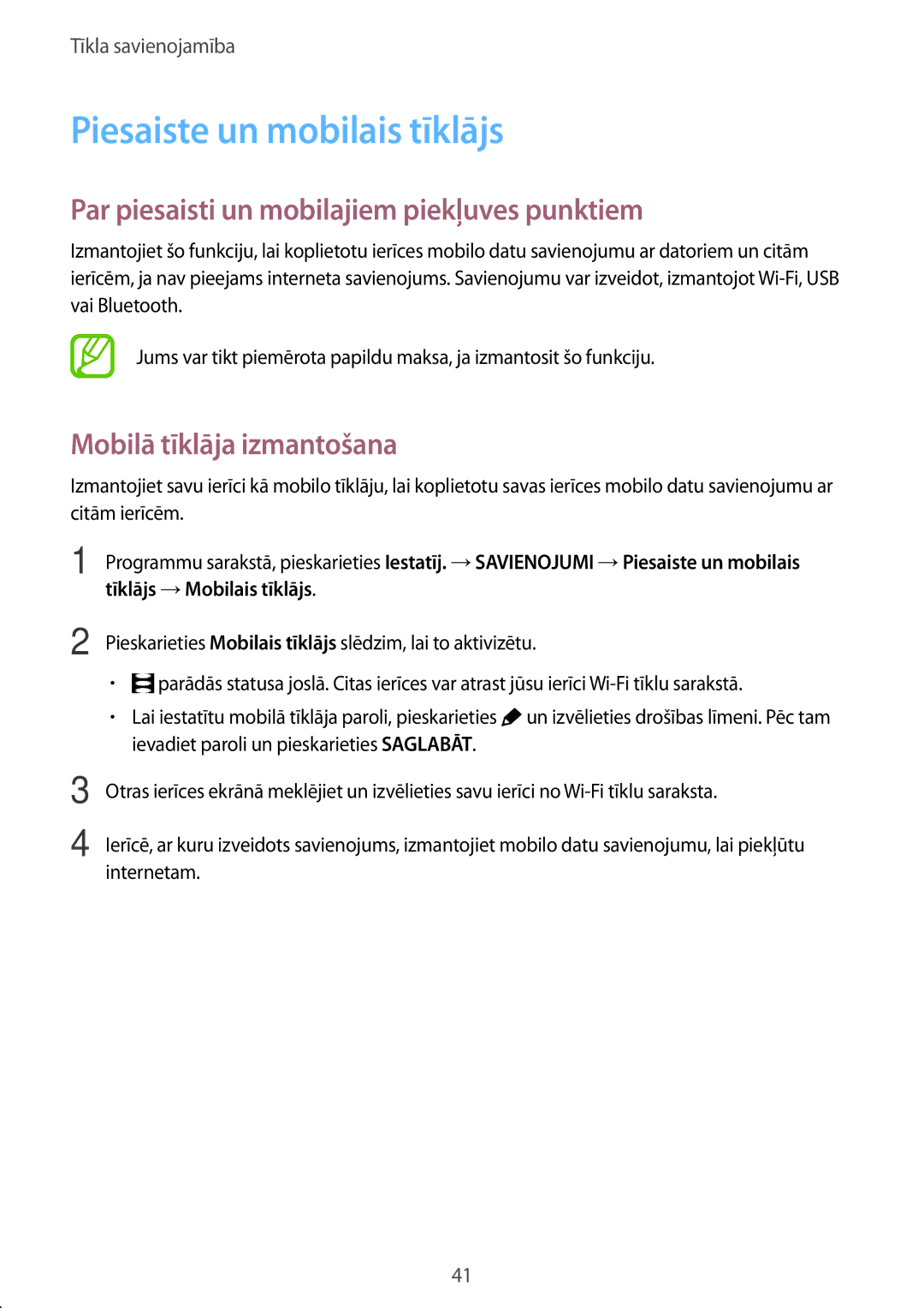 Samsung SM-T805NZWASEB, SM-T705NZWASEB manual Piesaiste un mobilais tīklājs, Par piesaisti un mobilajiem piekļuves punktiem 