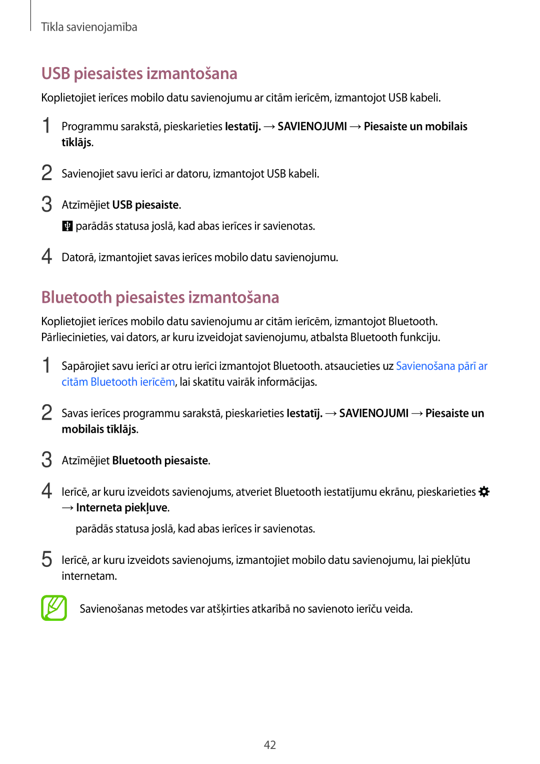 Samsung SM-T705NTSASEB manual USB piesaistes izmantošana, Bluetooth piesaistes izmantošana, Atzīmējiet USB piesaiste 