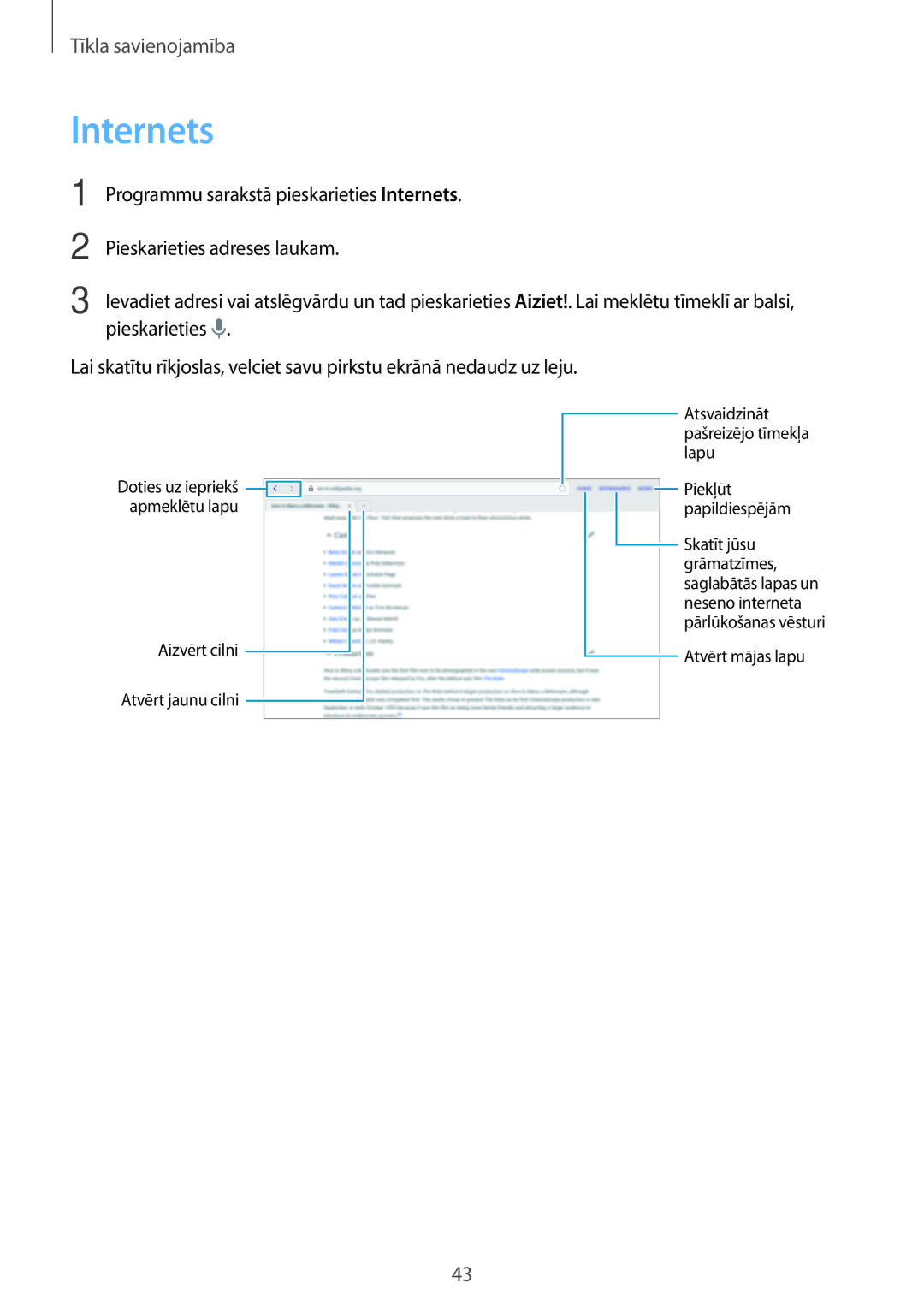 Samsung SM-T805NTSASEB, SM-T705NZWASEB, SM-T805NZWASEB, SM-T705NTSASEB manual Internets, Pieskarieties adreses laukam 