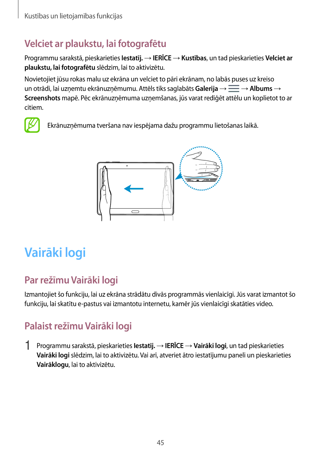 Samsung SM-T705NZWASEB Velciet ar plaukstu, lai fotografētu, Par režīmu Vairāki logi, Palaist režīmu Vairāki logi 