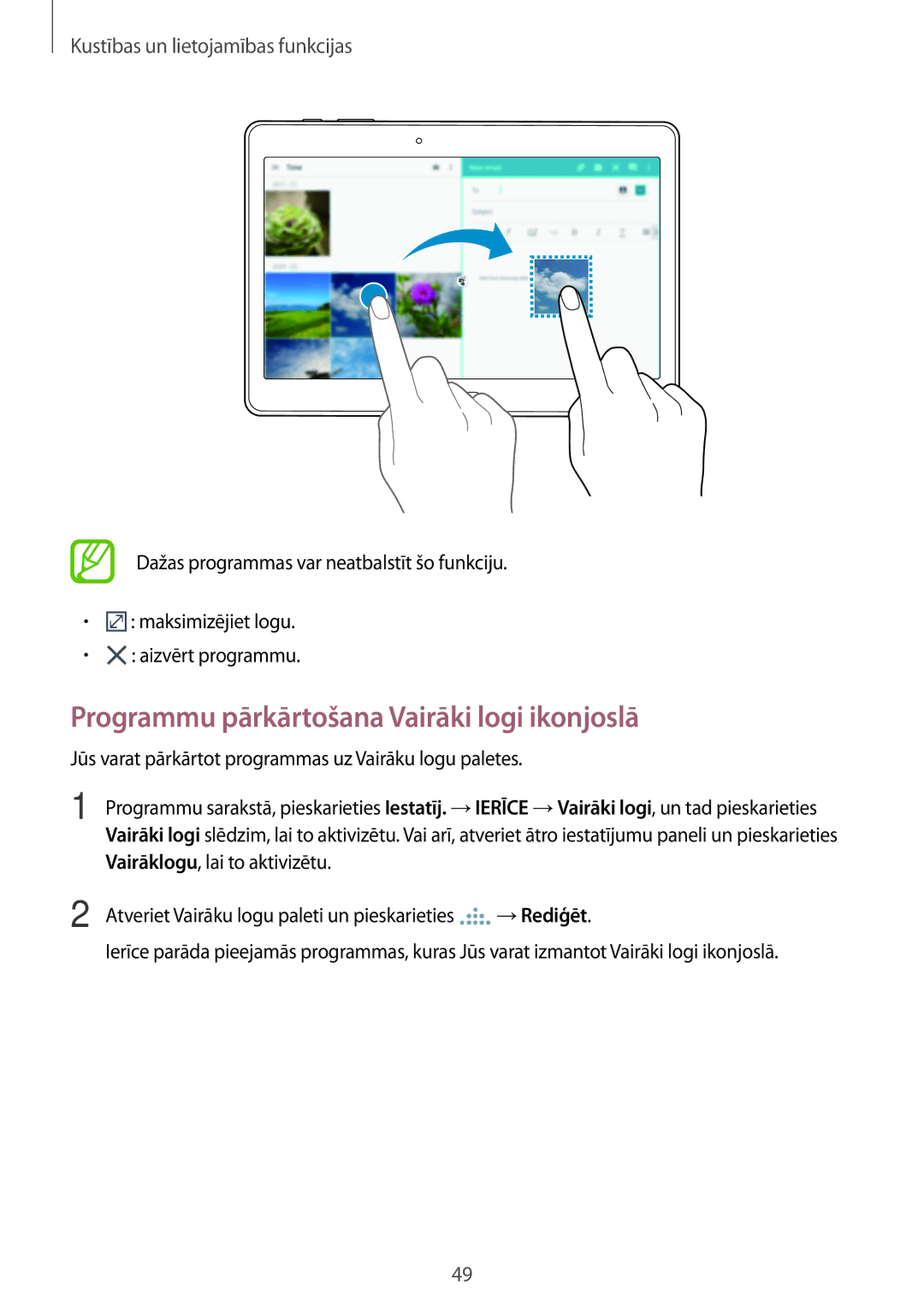 Samsung SM-T805NHAASEB, SM-T705NZWASEB, SM-T805NZWASEB, SM-T705NTSASEB manual Programmu pārkārtošana Vairāki logi ikonjoslā 