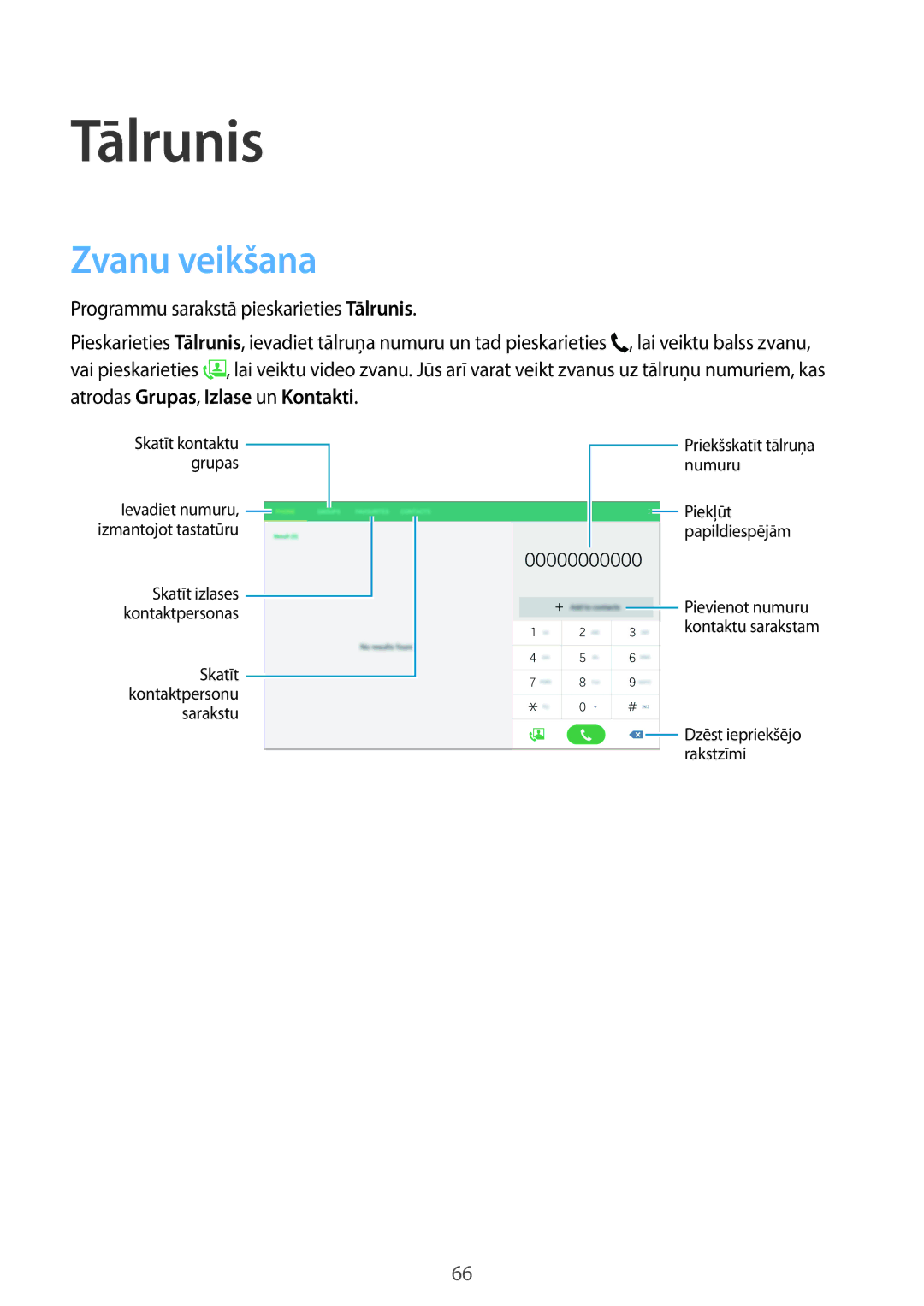 Samsung SM-T805NZWASEB, SM-T705NZWASEB, SM-T705NTSASEB, SM-T805NTSASEB, SM-T805NHAASEB manual Tālrunis, Zvanu veikšana 