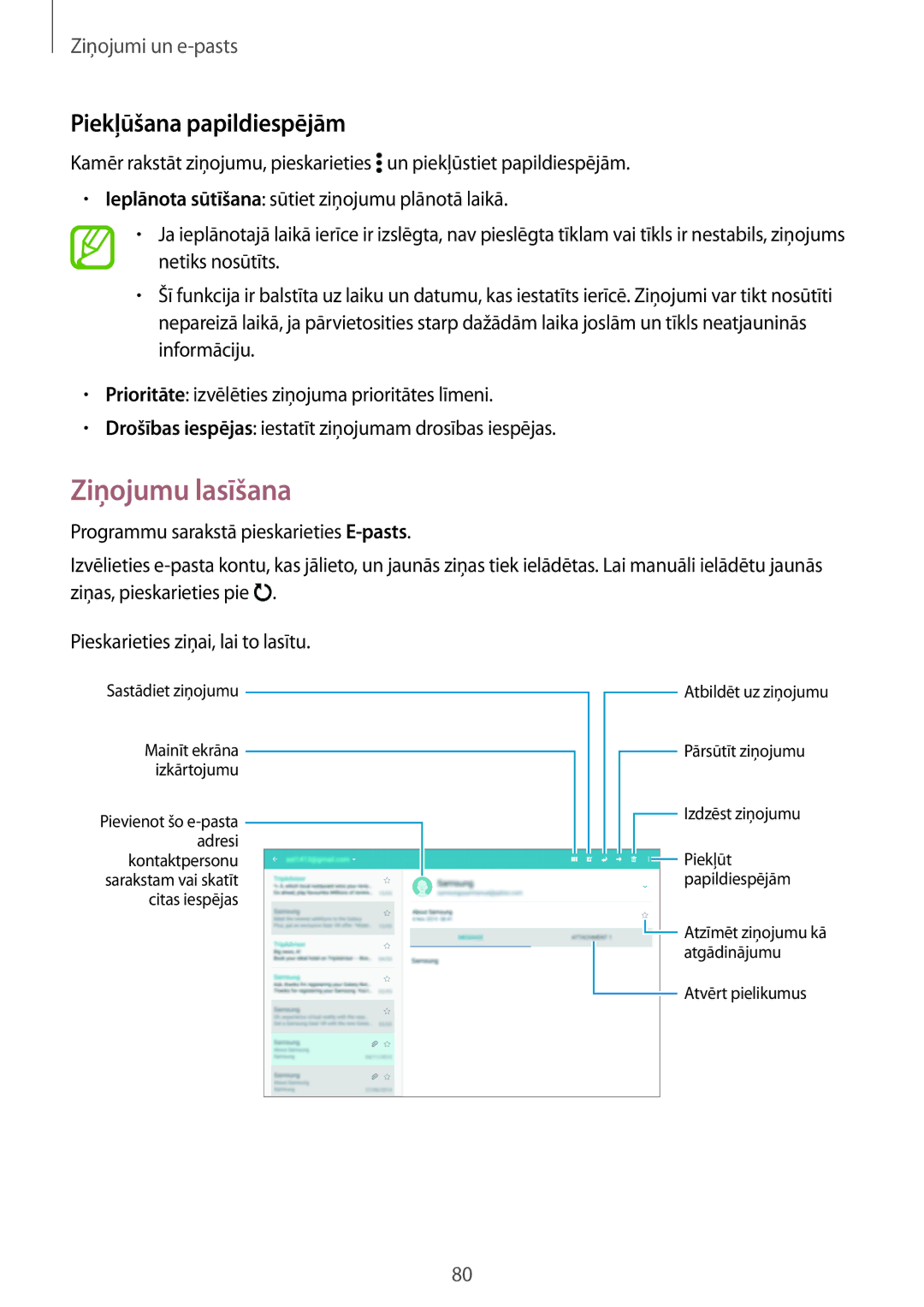 Samsung SM-T705NZWASEB, SM-T805NZWASEB, SM-T705NTSASEB, SM-T805NTSASEB manual Ziņojumu lasīšana, Piekļūšana papildiespējām 