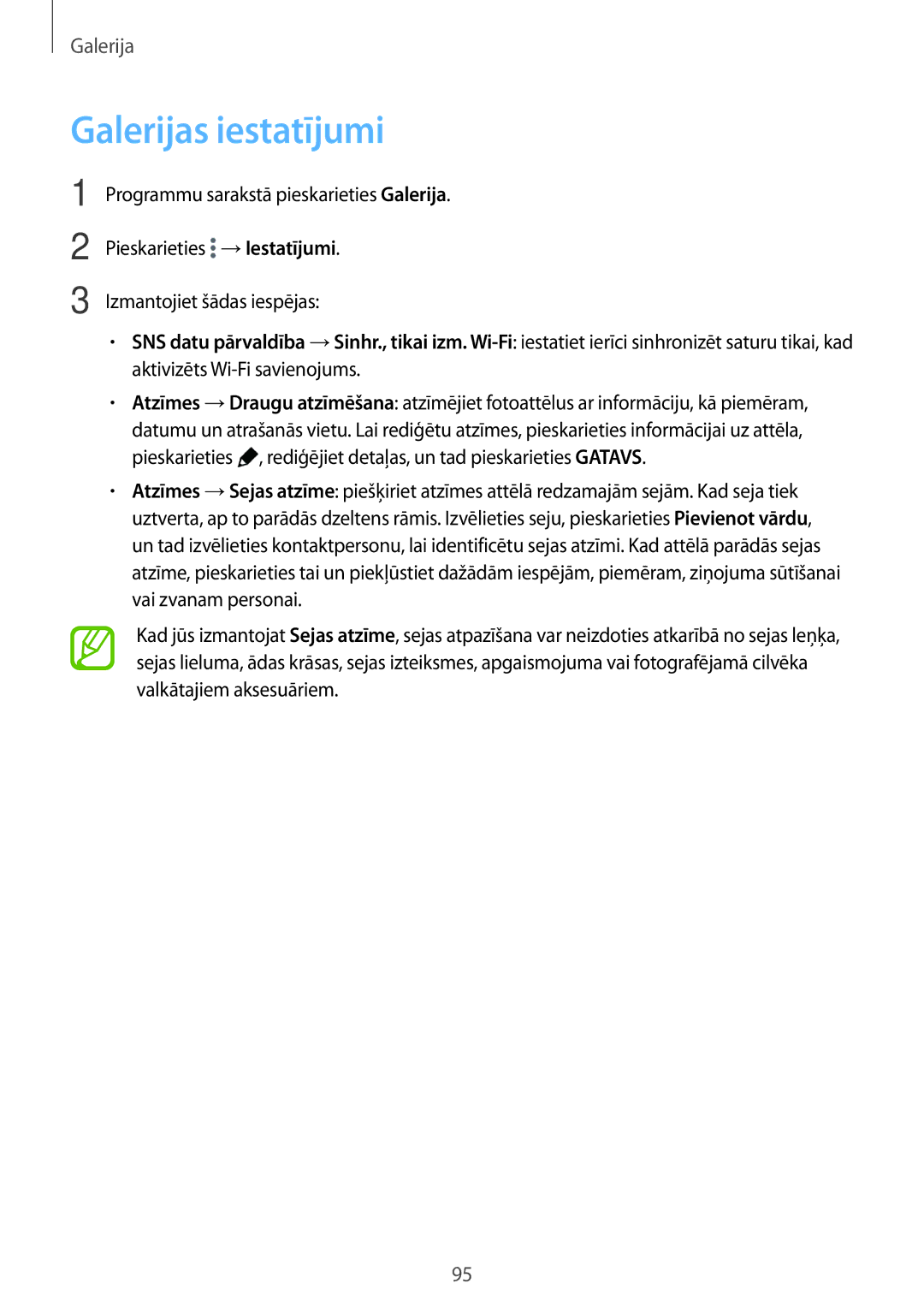 Samsung SM-T705NZWASEB, SM-T805NZWASEB, SM-T705NTSASEB, SM-T805NTSASEB, SM-T805NHAASEB manual Galerijas iestatījumi 