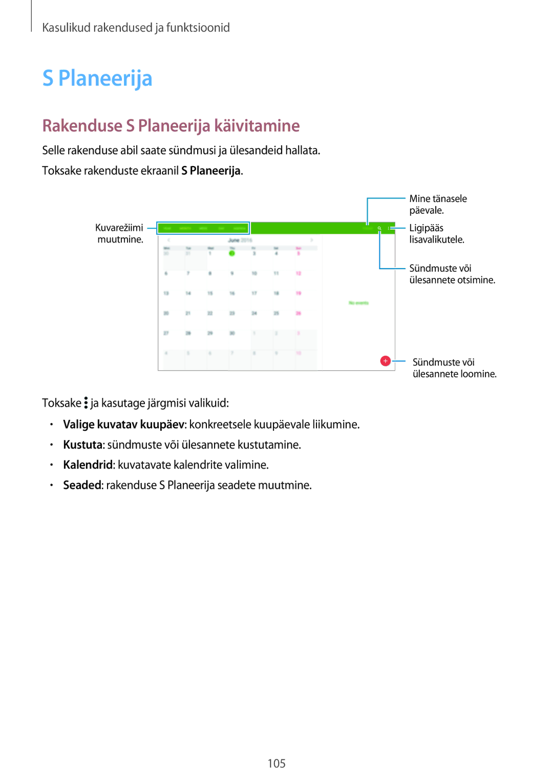 Samsung SM-T705NZWASEB, SM-T805NZWASEB, SM-T705NTSASEB, SM-T805NTSASEB, SM-T805NHAASEB Rakenduse S Planeerija käivitamine 