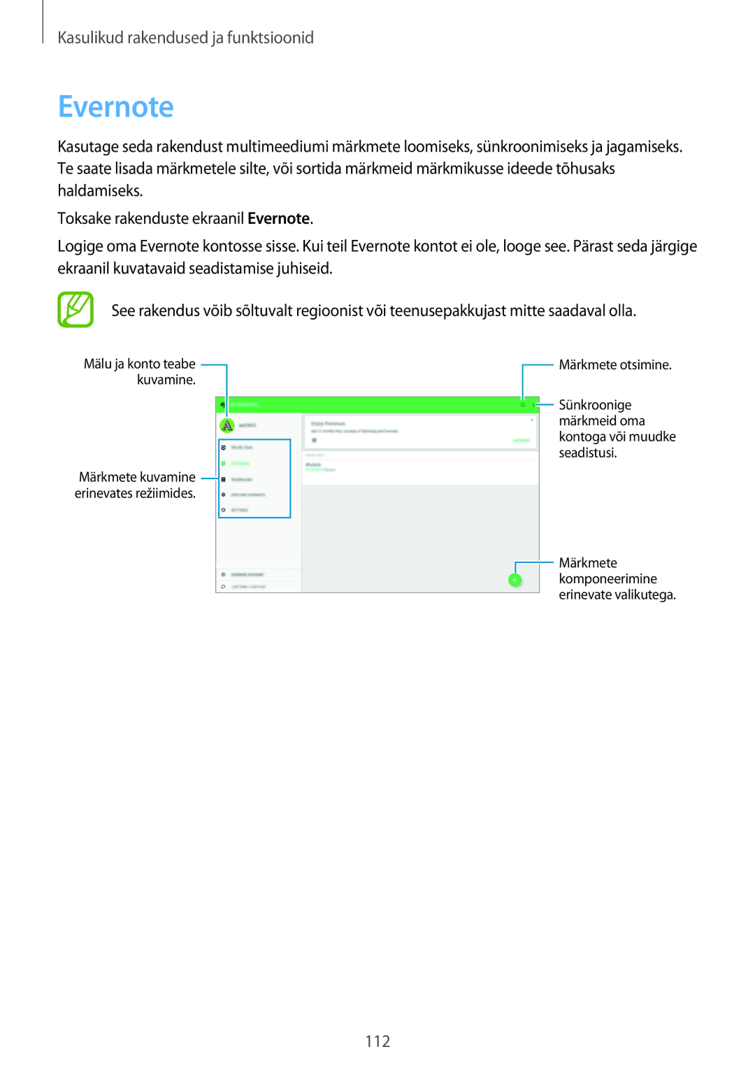 Samsung SM-T705NTSASEB, SM-T705NZWASEB, SM-T805NZWASEB, SM-T805NTSASEB, SM-T805NHAASEB manual Evernote 