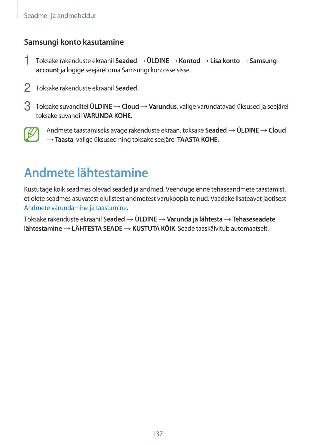 Samsung SM-T705NTSASEB, SM-T705NZWASEB, SM-T805NZWASEB, SM-T805NTSASEB manual Andmete lähtestamine, Samsungi konto kasutamine 